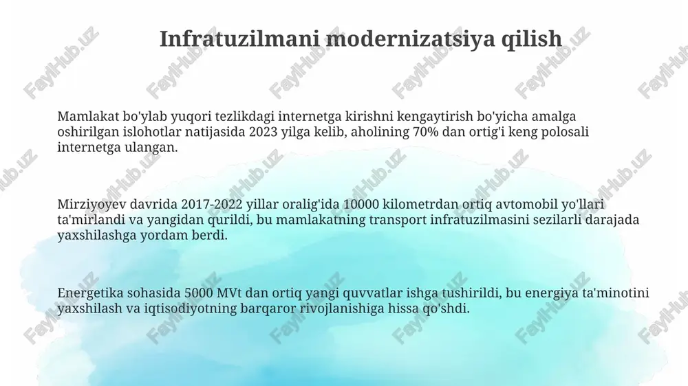 'minlashga qaratilgan islohotlar amalga oshirildi, sudyalar soni 1500 ga yaqin oshdi va ularning tayyorgarligi yaxshilandi. mirziyoyev davrida 2017-yildan boshlab siyosiy partiyalar faoliyatining erkinlashuvi kuchaytirildi, demokratik islohotlarni amalga oshirishda ko'p partiyali tizimni rivojlantirishga qaratilgan qonunlar qabul qilindi. o'zbekiston konstitutsiyasiga 2023 yilda kiritilgan o'zgartirishlar, jumladan, prezidentlik muddatining cheklanishi va fuqarolik jamiyatining rivojlanishiga yo'naltirilgan normalar mirziyoyevning siyosiy islohotlarining muhim tarkibiy qismidir. madaniyat va turizmni rivojlantirish qishloq turizmini rivojlantirish dasturi doirasida 500 dan ortiq qishloq xoʻjaligi turizm xizmatlari yaratildi, bu mahalliy aholi uchun yangi ish oʻrinlari va daromad manbalarini taʼminladi. turistlar sonini 2016 yildagi 2 milliondan 2022 yilda 7 millionga yetkazish boʻyicha belgilangan strategik maqsadga erishildi, bu esa mamlakat iqtisodiyotiga sezilarli hissa qoʻshdi. madaniy meros obyektlarini tiklash va taʼmirlashga 2017-2021 yillar davomida 1 milliard aqsh dollaridan ortiq mablagʻ sarflanib, 100 dan ortiq muhim tarixiy yodgorliklarni sayyohlar uchun ochishga erishildi. korrupsiyaga qarshi kurash korrupsiyaga qarshi kurashni kuchaytirish maqsadida “yagona milliy korrupsiyaga qarshi portal” tashkil etildi, …