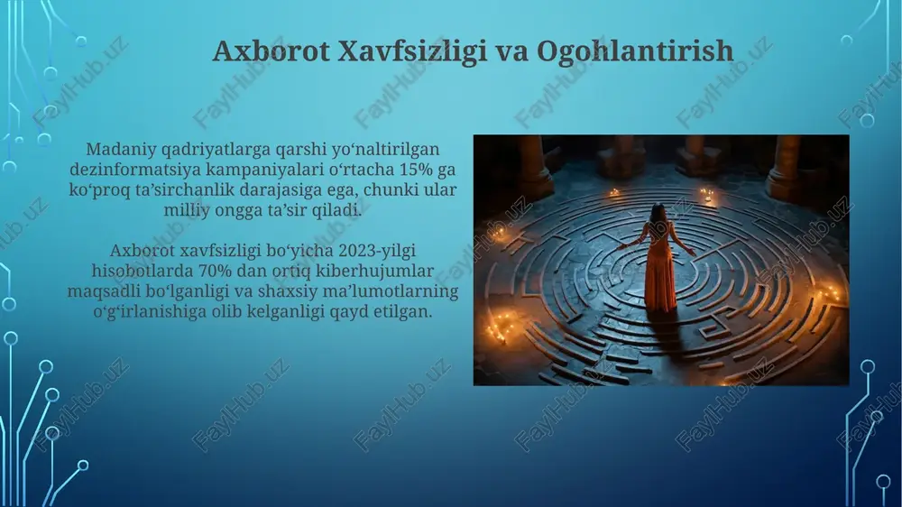 r orqali sotuvni 25% ga oshirishga olib kelishi mumkin. sotsial injeneriya va neyrolingvistik dasturlash kabi texnologiyalar orqali 5 tadan ortiq kishining shaxsiy ma'lumotlarini olish va ularni psixologik jihatdan boshqarish imkoniyati yuqori. maqsadli axborotning madaniy tahdidi maqsadli axborotning ta'siri natijasida 15-25 yosh oralig'idagi yoshlarning 70% dan ortig'i milliy va diniy qadriyatlarga nisbatan salbiy munosabatda bo'lishi mumkin. madaniy merosimizga qarshi yo'naltirilgan 50 dan ortiq internet-resurslar faoliyati aniqlangan bo'lib, ularning aksariyati xorijiy moliyalashtiruvga ega. jamoatchilik fikrini shakillantirishga ta'sir jamoatchilik fikrini shakllantirishda ijtimoiy tarmoqlarning ta'siri 50% ga yetdi, bu esa algoritmlar va shaxsiylashtirilgan reklama orqali manipulyatsiyani kuchaytiradi. oav orqali 70% dan ortiq jamoatchilik fikrini shakllantirishga ta'sir ko'rsatiladi, bu esa axborot manipulyatsiyasi xavfini oshiradi. aholining zaif guruhlari va himoyasizligi ta'lim darajasi past bo'lgan aholi qatlamlari (20% dan ortiq) noto'g'ri ma'lumotlarga va dezinformatsiyaga ko'proq moyil bo'lib, ularning ijtimoiy-psixologik himoyalanmaganligini ko'rsatadi. aholining zaif guruhlari, masalan, keksalar (65 yoshdan yuqori) va nogironlar (taxminan 15% aholini tashkil etadi) kibertahdidlarga …
