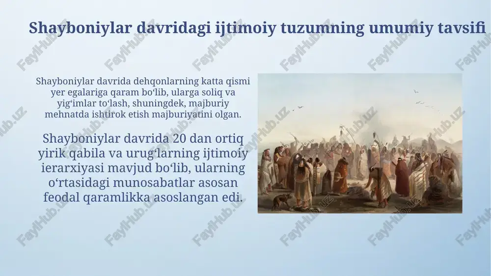 iy ahamiyati suv resurslaridan foydalanish, sugʻorish tizimlari va dehqonchilik texnologiyalari shayboniylar davrida qishloq aholisining turmush darajasi va ijtimoiy mobilligi uchun hal qiluvchi ahamiyatga ega boʻlgan. dehqonlarning ijtimoiy mavqei, yer egalik munosabatlari va soliq siyosati qishloq xoʻjaligi mahsulotlarining taqsimlanishiga, shuningdek, ijtimoiy tengsizlik darajasiga bevosita taʼsir koʻrsatgan. e'tiboringiz uchun rahmat @taqdimot_robot image4.png image5.jpg image6.jpg image7.jpg image8.jpg image9.jpg image10.jpg image11.jpg image12.jpg image13.jpg image14.jpg image15.jpg image3.jpeg