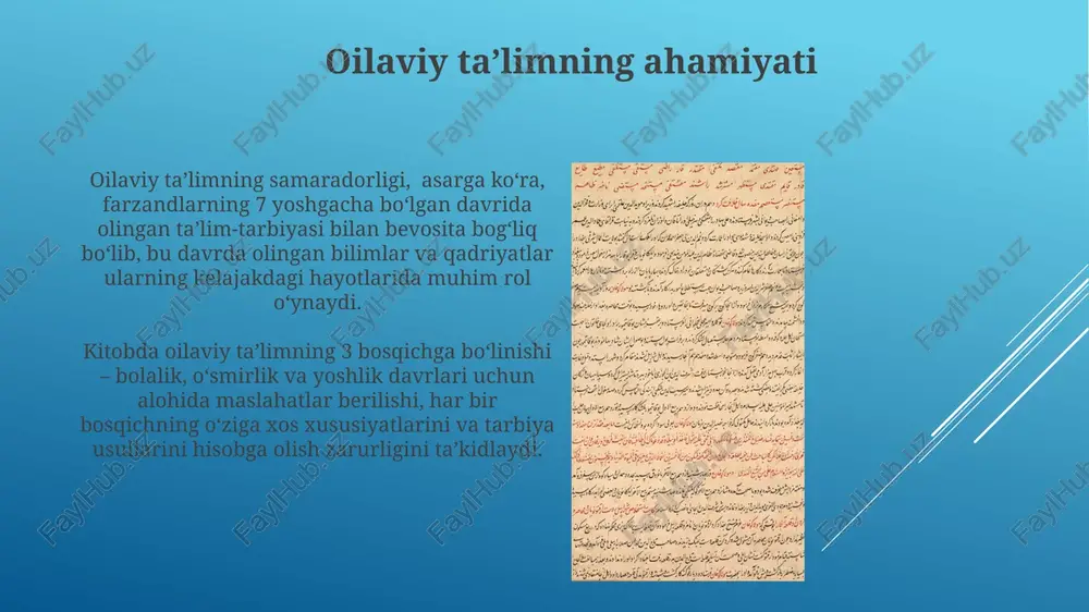 g ta’lim olish huquqi, 7 yoshdan boshlab diniy bilimlarni o‘rganish imkoniyati va ularning shaxsiy rivojlanishi uchun yaratilgan qulay muhit muhimligi alohida qayd etiladi. farzand tarbiyasi shayx muhammad sodiq muhammad yusufning "baxtiyor oila" asarida farzand tarbiyasi 5 yoshdan boshlab, diniy ta'limotlar bilan birga, axloqiy qadriyatlarni singdirishga, 7 ta asosiy fazilatni o'rgatishga qaratilgan. farzand tarbiyasi bo'yicha "baxtiyor oila"da keltirilgan 3 bosqichli yondashuv: dastlabki tarbiya, o'smirlik davri va kattalar hayotga tayyorlashni o'z ichiga oladi. nikoh va uning ahamiyati shayx yusuf nikohni 7 ta asosiy unsurga asoslangan mustahkam poydevor sifatida ta'riflaydi, bu esa oilaviy baxtning 50%ini tashkil etadi. kitobda nikohdan oldin 3 ta muhim bosqich: tanishuv, so'rash va xatob qilish jarayonlari batafsil bayon etilgan va ularning ahamiyati ta'kidlangan. shayx muhammad sodiq muhammad yusufning ta’limi shayxning ta’limi, 20 yildan ortiq davom etgan faoliyati davomida, oilaviy hayotning muhim jihatlari va musulmon oilasining ijtimoiy-madaniy ahamiyatini yoritishga qaratilgan. uning darslari va ma’ruzalari minglab talabalarga islomning turli jihatlari, jumladan, …
