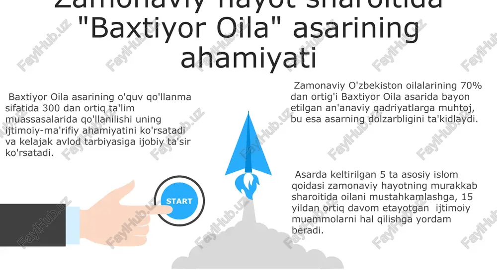 dan ortiq turli xil qahramonlar tasvirlangan bo‘lib, ularning har biri o‘ziga xos xarakterga va turmush tarzi va qiyinchiliklarga ega. asar oilaviy munosabatlarning 5 ta asosiy jihatiga, ya'ni mehr-oqibat, hurmat, ishonch, sabr-toqat va muloqotga alohida e’tibor qaratadi va ularni misollarda ko‘rsatadi. e'tiboringiz uchun rahmat @taqdimot_robot image1.jpeg image2.jpeg image3.jpeg image4.jpeg