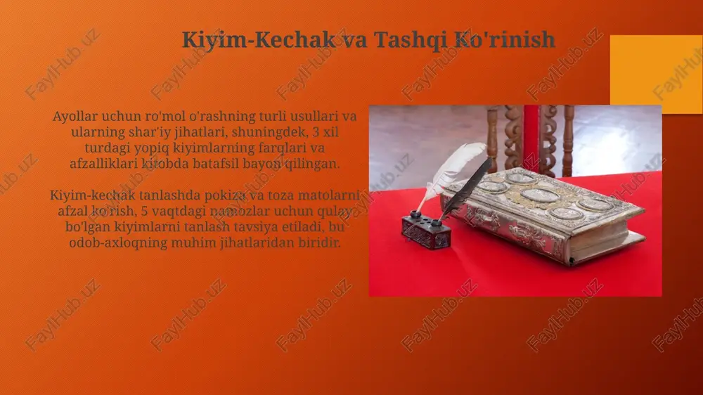 dan ortiq yig'ilgan taqdirda, ovozni pasaytirish va boshqalarga noqulaylik tug'dirmaslikka e'tibor berish tavsiya etiladi, bu odob-axloq qoidalariga mos keladi. muqaddima muqaddimada kitobning 10 dan ortiq boblari va 200 dan ziyod savol-javoblari borligi, ularning har biri islomiy odob-axloqning turli jihatlarini qamrab olishi ta'kidlanadi. kitobning muqaddimasida ushbu asarning islom dinining 5 ta rukni bilan chambarchas bog'liqligi, ya'ni namoz, zakot, ro'za, haj va shahodatga aloqadorligi aytilgan. e'tiboringiz uchun rahmat @taqdimot_robot image3.png image4.jpg image5.jpg image6.jpg image7.jpg image8.jpg image9.jpg image10.jpg image11.jpg image12.jpg image13.jpg image14.jpg image15.jpg image1.png