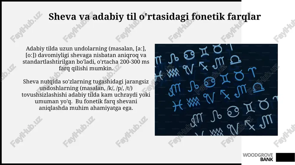 yozuvlari bilan boyitish orqali tadqiqotni chuqurlashtirish mumkin. woodgrove bank unli tovushlarning xususiyatlari unli tovushlarning uzunligi 200 so'zli matnda o'rtacha 15 ta shevaning uchrashi kuzatilgan bo'lib, ularning 7 tasi uzun, 8 tasi qisqa unli tovushlar hisoblanadi. matn tahlili natijasida shevalarning 60%ida [ə] tovushiga yaqinlashgan zaif unli tovushlar, qolgan 40%ida esa aniqroq talaffuz qilingan unli tovushlar aniqlangan. woodgrove bank e'tiboringiz uchun rahmat @taqdimot_robot woodgrove bank image1.jpg image2.jpg image3.jpg image4.jpg image5.jpg image6.jpg image7.jpg image8.jpg image9.jpg image10.jpg