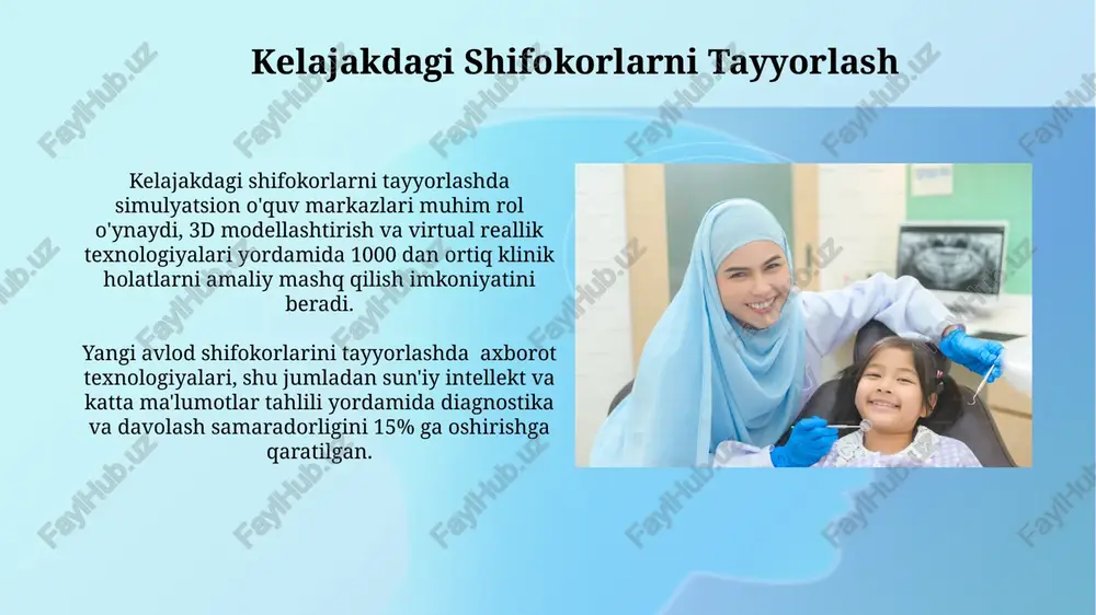 hifoxonada 20 ga yaqin turli bo'limlarda amaliyot o'tash imkoniyati mavjud bo'lib, ularga keng miqyosdagi klinik tajriba beradi. shifoxona maktablari 50 dan ziyod turli kasb-hunar bo‘yicha amaliy tajriba dasturlarini taklif qilib, talabalarning o‘z ixtisosliklarida chuqurroq bilimga ega bo‘lishlariga imkon beradi. tibbiyot muassasalariga bog'liqlik shifoxonalar tibbiyot oliygohlari bilan 50 dan ortiq qo'shma loyihalarni amalga oshirib, talabalarga amaliy tajriba beradi va o'qituvchilar malakasini oshirishga yordam beradi. tibbiyot muassasalarining 70% dan ortig'i shifoxona maktablari orqali yiliga 1000 dan ortiq talaba va rezidentlarni qabul qilib, ularning kasbiy rivojlanishiga hissa qo'shadi. sog'liqni saqlash tizimiga integratsiya shifoxona maktablari sog'liqni saqlash tizimiga yiliga o'rtacha 150 dan ortiq bitiruvchini, 80% dan ko'prog'i amaliy tajribaga ega bo'lgan holda, muvaffaqiyatli integratsiya qiladi. shifoxona maktablarining sog'liqni saqlash tizimiga integratsiyasi bemorlarga ko'rsatilayotgan tibbiy xizmat sifatini 10% ga oshirib, 3% ga pasaytiradi. e'tiboringiz uchun rahmat @taqdimot_robot image2.jpg image3.jpg image4.jpg image5.jpg image6.jpg image7.jpg image8.jpg image9.jpg image10.jpg image11.jpg image12.jpg image13.jpg image1.png