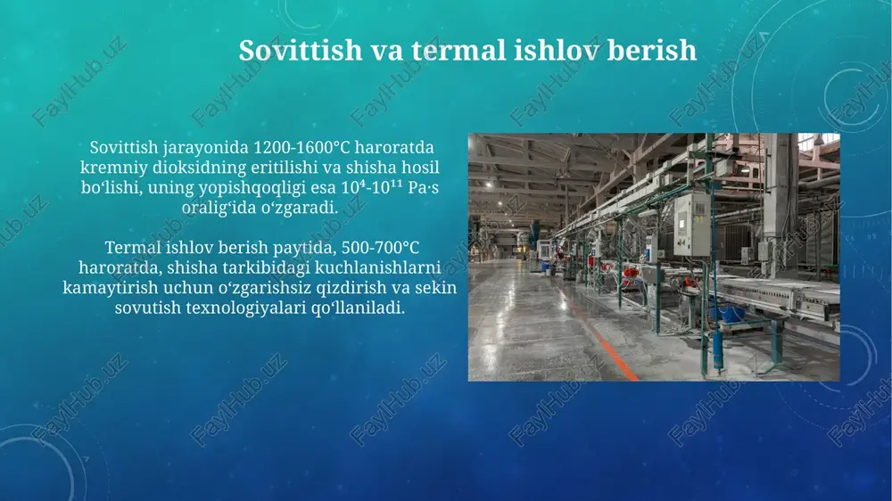 kvarts shishasini ishlab chiqarish texnologiyalari 20% ga arzonlashishi va 30% ga chidamliligini oshirishi kutilmoqda, bu esa avtomobil va elektronika sanoatida keng qo‘llanilishini ta’minlaydi. quyosh energiyasi panellarini ishlab chiqarishda ishlatiladigan yupqa plyonka shishalari samaradorligini 15% ga oshirish bo‘yicha tadqiqotlar olib borilmoqda, bu esa ekologik toza energiya manbalaridan foydalanishni yanada kengaytiradi. sifat nazorati va sinov usullari shisha sirtining sifatini mikroskopik tekshiruv orqali baholanadi, nuqsonlar soni 1 sm² ga 0,1 dan oshmasligi kerak. silikat xom ashyolarining kimyoviy tarkibi, sio2 miqdori va boshqa oksidlarning nisbati rentgen-fluoresensiya spektrometriyasi yordamida aniqlanadi, bu esa sifat nazoratini ta'minlaydi. pechlarning turlari va ularning ishlash printsipi regenerativ pechlar issiq gazlarning issiqlik energiyasini qayta ishlatish orqali yonilg'i sarfini 30-40% ga kamaytiradi, bu esa iqtisodiy samaradorlikni oshiradi. elektr pechlari yuqori sifatli shisha ishlab chiqarishda qo'llaniladi va 1500-1600°c gacha bo'lgan yuqori haroratlarni ta'minlaydi, gaz chiqindilarini kamaytiradi. silikat sanoati: umumiy ma'lumot silikat mahsulotlarining 70% dan ortig'i qurilish sanoatida, masalan, sement, beton va g'isht ishlab …