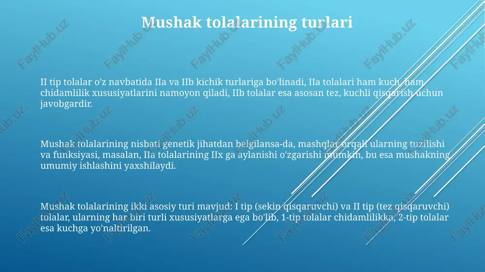 rib, o'pkadagi havoning chiqarilishini ta'minlaydi, bu jarayon taxminan 1-2 soniya davom etishi mumkin. qovurg'alararo mushaklar, taxminan 25% nafas olish hajmiga hissa qo'shadi, nafas olish vaqtida qovurg'alarni ko'tarish orqali o'pka hajmini oshiradi, bu jarayonda interkostal nervlar muhim rol o'ynaydi. skelet mushaklarining kasalliklari skelet mushaklarining shikastlanishlari, masalan, mushaklarning yirtilishi yoki zo'riqishi, sportchilar va jismoniy mehnat bilan shug'ullanuvchilarda keng tarqalgan bo'lib, davolash 6-8 hafta davom etishi mumkin va og'ir holatlarda jarrohlik aralashuv talab etiladi. mushak distrofiyasi, taxminan 30 ta turga ega boʻlib, progressiv mushak zaiflashuvi va degeneratsiyasi bilan tavsiflanadi, bu esa bemorlarda harakatlanish qobiliyatining pasayishiga olib keladi va hayot sifatini sezilarli darajada yomonlashtiradi. miozitlar, mushak yallig'lanishiga olib keladigan kasalliklar guruhi bo'lib, ular virusli infektsiyalar, autoimmun kasalliklar yoki genetik omillar natijasida kelib chiqishi mumkin. taxminan 10% hollarda sababi aniqlanmaydi. harakatni ta'minlash skelet mushaklarining 600 dan ortiq turi inson tanasida harakatni ta'minlashda ishtirok etadi, ularning har biri o'ziga xos vazifani bajaradi. harakatning tezligi va kuchi …