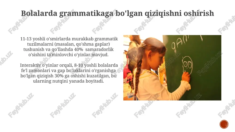 inlari bo'yicha 3 tadan kam bo'lmagan mashg'ulotlarni o'tkazish, bolalarning faol ishtiroki va 70% dan ortiq ijobiy natijalarga erishish mumkin. o'quvchilarning faol ishtiroki o'yinlar natijalarini baholash va 10 balldan 5 balldan yuqori baholarga ega bo'lgan o'quvchilarni rag'batlantirish ularning motivatsiyasini oshiradi. grammatika o'yinlarida 5-7 kishilik guruhlarda ishlash orqali hamkorlik va jamoaviy ishlash ko'nikmalarini rivojlantirishga erishiladi. qiyinchiliklar va ularni bartaraf etish ba'zi o'quvchilar grammatika o'yinlariga nisbatan salbiy munosabatda bo'lishlari mumkin, ularni zerikarli deb hisoblashlari mumkin; bunday holatlarda, 3-5 turdagi turli xil o'yinlarni taklif qilish va o'quvchilarning fikrlarini inobatga olish muhimdir. o'yinlarni tayyorlash va o'tkazish uchun qo'shimcha resurslar (masalan, 10-15 ta o'yin uchun kartalar, to'plar yoki boshqa materiallar) kerak bo'ladi; bu muammoni oldindan rejalashtirish va kerakli materiallarni tayyorlash orqali bartaraf etish mumkin. grammatika o'yinlari turlari grammatika o'yinlarining 3 turi mavjud: 1) gap tuzish o'yinlari (masalan, 5 so'zdan iborat gap tuzing), 2) so'z shakllarini aniqlash o'yinlari (masalan, 10 ta fe’lning 3 shaxs, birlikdagi shaklini toping), …