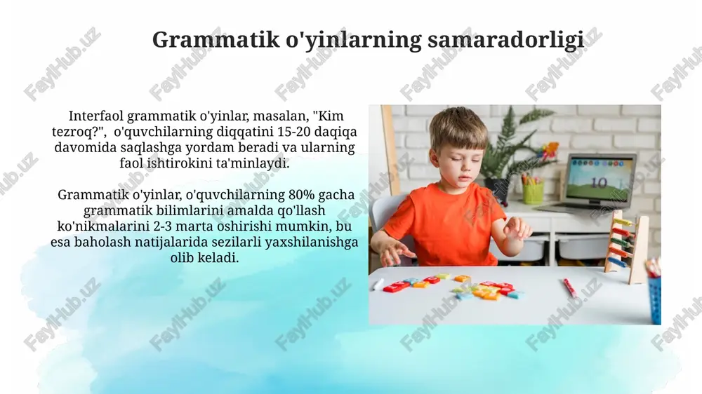 oyligini 20% gacha oshirishga yordam beradi va mantiqiy fikrlash qobiliyatini rivojlantiradi. grammatik o'yinlarning ahamiyati grammatik o'yinlar o'quvchilarning 5-10% ga yaqin grammatik xatolarini kamaytirishga yordam beradi, shuningdek, ularning nutq va yozma faoliyatlarida o'ziga ishonchni oshiradi. grammatik o'yinlar o'quv jarayonini qiziqarli va jozibador qilib, o'quvchilarning 70% dan ortig'ini faol ishtirok etishga undaydi, natijada bilimlarni yaxshiroq o'zlashtiriladi. o'yinlarni baholash har bir o'yin uchun 2 ta asosiy mezon: grammatika va faol ishtirok, ularga teng og'irlikda (50/50%) ball berish adolatli baholashni ta'minlaydi. o'yinlarni baholashda 5 balldan 10 ballgacha bo'lgan ballar tizimidan foydalanish, har bir mezon (grammatika to'g'riligi, o'yin qoidalariga rioya qilish) uchun ballar berish samarali hisoblanadi. lotereya o'yinlari lotereya kartochkalariga fe'l zamonlari, olmoshlar, ko'plik sonlar kabi grammatik jihatlar bo'yicha savollar va javoblar joylashtirilishi mumkin. g'olibni aniqlash uchun 20 ta savolga to'g'ri javob bergan ishtirokchilar orasida tasodifiy tanlov o'tkaziladi, har bir to'g'ri javob 1 ballni tashkil etadi. maktabdan tashqari faoliyatlarda grammatik o'yinlar o'quvchilarning yoshi va bilimlariga …