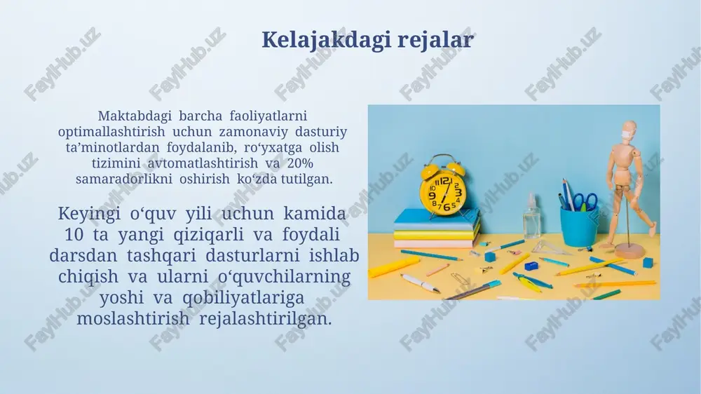 buriy. oʻqituvchi va oʻquvchilar oʻrtasidagi hamkorlik kamida 70% oʻquvchilarning darsdagi faol ishtirokini taʼminlash uchun differensial taʼlim usullaridan foydalanish muhim. oʻquvchilarning faol ishtiroki va fikrlarini hisobga olish uchun oʻqituvchi darslarda kamida 3 ta interaktiv usuldan foydalanishi kerak. dars mashgʻulotlarini tashkil etish har bir dars uchun aniq o'quv maqsadlari va natijalarini belgilash, kamida 3 xil o'quv uslublarini qo'llash va o'quv jarayonini 5 bosqichga bo'lib tashkil etish tavsiya etiladi. darslarni samarali tashkil qilish uchun 20-25 talik kichik guruhlarga bo'lish, har bir guruhga 2-3 nafar o'qituvchini biriktirish va o'quvchilarning faol ishtirokini ta'minlash muhim. sinfdan tashqari tadbirlarni tashkil etish tadbirlarning o‘quv dasturiga mosligi, ularning maqsad va vazifalari, kutilgan natijalar va baholash mezonlari aniq belgilanishi lozim. sinfdan tashqari tadbirlarni samarali tashkil qilish uchun kamida 3 ta o‘qituvchi va 10-15 nafar o‘quvchidan iborat tashkiliy guruh tuzish tavsiya etiladi, ularning vazifalari aniq taqsimlanadi. e'tiboringiz uchun rahmat @taqdimot_robot image4.png image5.jpg image6.jpg image7.jpg image8.jpg image9.jpg image10.jpg image11.jpg image12.jpg image13.jpg image14.jpg …