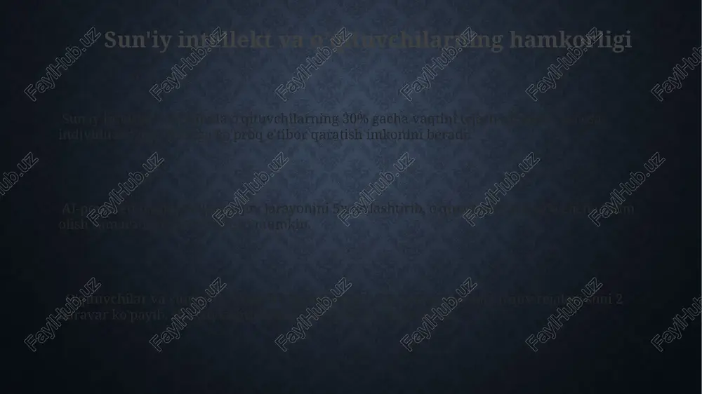intellekt texnologiyalarining ta'limi ai-asoslangan ta'lim platformalari 5 dan ortiq turdagi o'quv materiallarini (video, matn, audio) birlashtirib, individualizatsiyalashgan o'rganish tajribasini taqdim eta oladi. sun'iy intellekt yordamida yaratilgan virtual o'qituvchilar 24/7 mavjud bo'lib, talabalarga shaxsiylashtirilgan va real vaqtda javob beradigan qo'llab-quvvatlashni ta'minlaydi. sun'iy intellekt texnologiyalari ta'lim jarayonini 30% gacha tezlashtirishi va o'quvchilarning 20% ko'proq ma'lumotni o'zlashtirishiga yordam berishi mumkin, bu esa samaradorlikni oshiradi. e'tiboringiz uchun rahmat @taqdimot_robot