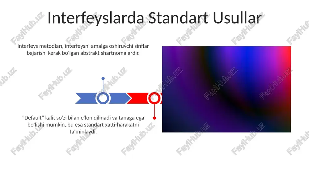 erfeysi obyektlar tomonidan ushlab turiladigan resurslarni bo'shatish uchun `dispose` metodini belgilaydi. ko'p interfeys merosxo'rligi interfeysni amalga oshiruvchi klasslar barcha interfeys metodlarini aniq amalga oshirishlari kerak. interfeys metodlar: ularni amalga oshiradigan sinflar uchun shartnoma belgilaydi, amalga oshirishni taqdim etmasdan aniq metodlarni talab qiladi. interfeys metodlar bilan polimorfizm interfeys metodları interfeysni amalga oshiruvchi sinflar uchun standart xulqni belgilash imkonini beradi. polimorfizm turli sinflarning obyektlarini umumiy interfeysning obyektlari sifatida qarash imkonini beradi. interfeys metodlar nima? interfeys metodları abstrakt boʻlib, ularni toʻgʻridan-toʻgʻri interfeys ichida amalga oshirish mumkin emas. ular interfeysni amalga oshiradigan sinf taqdim etishi kerak bo'lgan usullarni aniqlaydi. e'tiboringiz uchun rahmat @taqdimot_robot image4.jpg image5.jpg image6.jpg image7.jpg image8.jpg image9.jpg image10.jpg image11.jpg image12.jpg image13.jpg image14.jpg image15.jpg image16.jpg image17.jpg image3.png image18.jpg image19.jpg image20.jpg image1.jpeg image2.jpeg