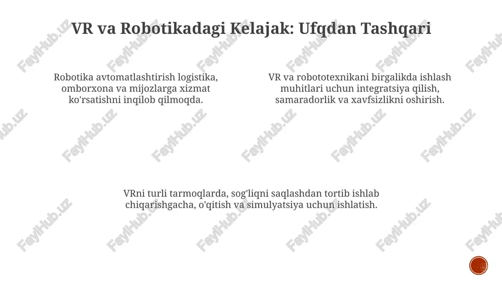 ashtirish orqali yaxshilaydi. axloqiy jihatlar va kelajakdagi rivojlanishlar vr/robot muhitlarida maxfiylik muammolari va ma'lumotlar xavfsizligi. inson-robot o'zaro ta'siri va sun'iy intellektga asoslangan tizimlardagi mumkin bo'lgan tarafkashlikning axloqiy oqibatlari. ish o'rinlarining yo'qotilishi va vr/robotik texnologiyalarga teng huquqli kirish. immersiv tajribalar bilan sanoatlarni o'zgartirish bu texnologiyalar birlashganda, biznesda innovatsiyalarni va o'zgaruvchan o'zgarishlarni boshqaradi. robototexnika turli sohalarda vazifalarni avtomatlashtiradi, samaradorlikni oshiradi va xavfsizlikni yaxshilaydi. vr kabi immersiv texnologiyalar mijozlar va xodimlar uchun qiziqarli va interaktiv tajribalar yaratadi. masofadan hamkorlik va o'qitish uchun vr vr masofaviy jamoalar birgalikda ishlashi uchun chuqur, interaktiv muhit yaratadi. vr mashg'ulot simulyatsiyalari xavfsiz va nazorat ostida bo'lgan muhitlarda amaliy o'qitish tajribasini taqdim etadi. vr mashg'ulot simulyatsiyalari xavfsiz va nazorat ostida bo'lgan muhitlarda amaliy o'qitish tajribasini taqdim etadi. e'tiboringiz uchun rahmat @taqdimot_robot image1.png image2.png image3.png image4.png image5.png image6.png