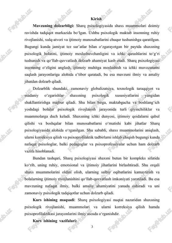 sh, korreksiya qilish va psixoprofilaktik tadbirlar orqali ularni yengillashtirish jarayonlari. kurs ishining metodologik asosi: tadqiqotning metodologik asosini i.karimovning sog‘lom avlodni tarbiyalash xususidagi asarlari g‘oyalari, prezidentimiz sh.m. mirziyoevning barkamol avlodni tarbiyalashga oid fikr -mulohazalari tashkil qildi. shuningdek, muammoga oid xorij va o‘zbek psixologlarining nazariy metodologik ma’lumotlari va g‘oyalari, i.v.dubrovina, x.y. liymets, yu.l.sierd , e.g‘.g‘oziev, m.g.davletshin, g.b.shoumarov, sh.r. baratov, b.rdodirov, r.z.gaynutdinov, v.m.karimova, n.a.sog‘inovlarning ta’lim sohasini isloh bo‘yicha fikr va nazariyalari tadqiqotimizning metodologik negizidir. kurs ishining tuzilishi va xajmi: kirish, 2 bob, 4 bo‘lim, xulosa, foydlanilgan adabiyotlardan iborat. i bob sharq psixologiyasida shaxsning ontogenetik taraqqiyoti va muammolari. 1.1 maktabgacha yoshda shaxsning psixologik rivojlanishi va tarbiyaviy yondashuvlar. bog‘cha bilan maktab o‘rtasida o‘rnatilgan izchil aloqaning har tomonlamaligi bolalarni maktab ta’limiga tayyorlash vazifasini muvafaqqiyatli amalga oshirishning asosiy shartidir. ta’limga psixologik tayyorgarlik, deganda bolaning ob’ektiv va sub’ektiv jihatdan maktab talabiga munosibligi nazarda tutiladi. u maktab ta’limiga avval psixologik jihatdan tayyorlanadi. uning tayyorgarlik darajasi bolalar bog'chasi psixologi tomonidan …