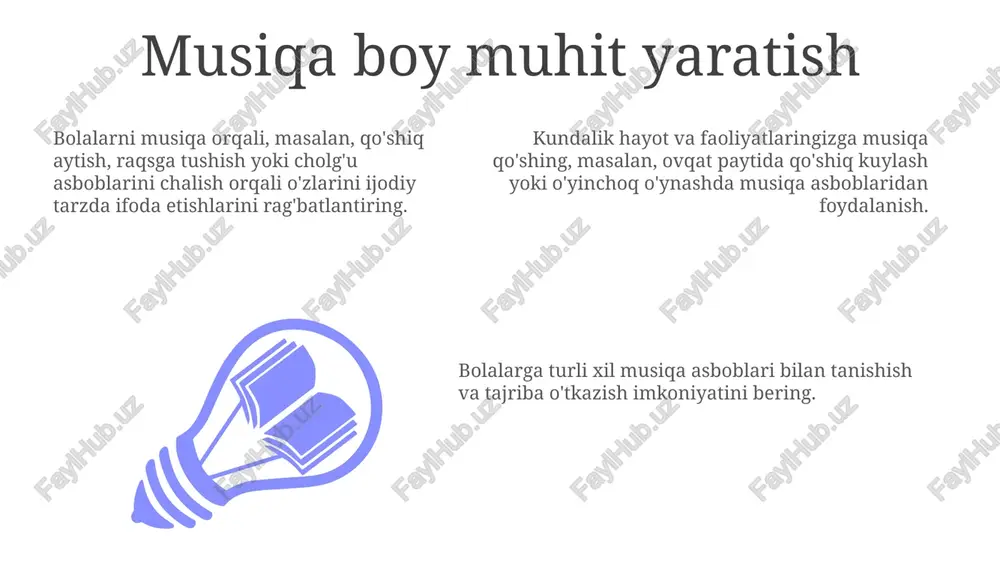 'ularni o'rganish: musiqani to'qimalar, hidlar va ta'mlar bilan birlashtirish. musiqa va harakat faoliyatlari: raqsga tushish, kuylash va musiqa chaling. sales 1st qtr 2nd qtr 100 0 sales 1st qtr 2nd qtr 100 0 sales 1st qtr 2nd qtr 100 0 e'tiboringiz uchun rahmat @taqdimot_robot image1.jpeg image2.jpeg image3.jpeg