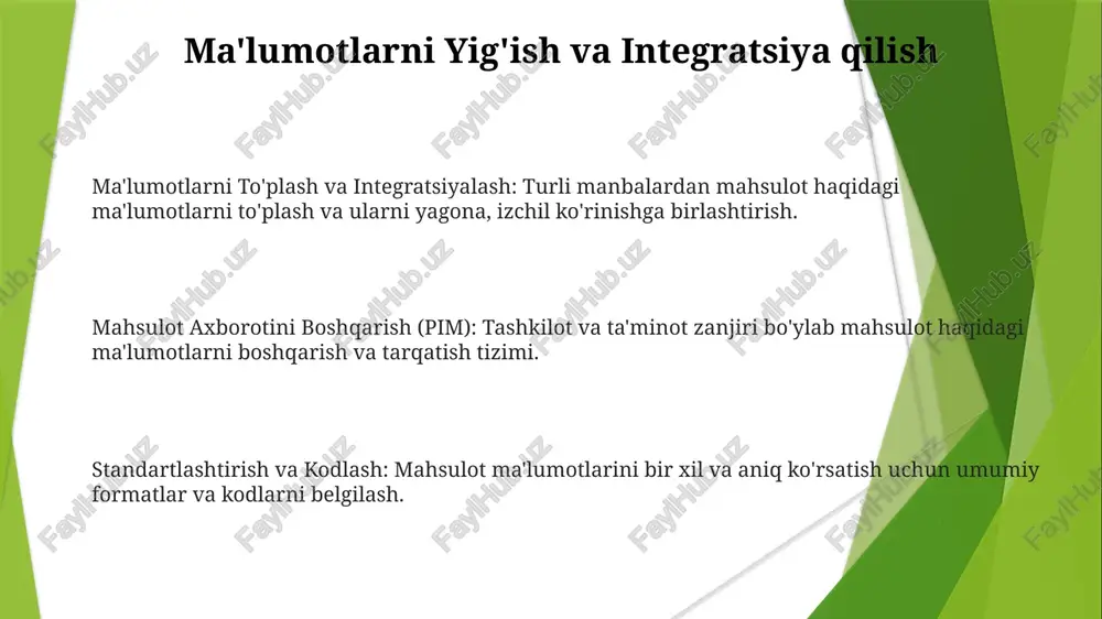 mot: samarali boshqarish va marketing uchun aniq va to'liq mahsulot tafsilotlari. standartlashtirish va kodlash: tahlilni samarali amalga oshirish uchun mahsulot ma'lumotlarining bir xil formatlarini belgilaydi. standartlashtirish va kodlashning afzalliklari malumot sifatini va tahlilini yaxshilash. yaxshilangan aloqa va ma'lumot almashinuvi. xatolar va nomuvofiqliklar kamaytirildi. ean/upc kodlari ean/upc kodlari butun dunyo bo'ylab mahsulotlarni noyob tarzda aniqlaydigan standartlashtirilgan shtrix kodlardir. standartlashtirish tizimlararo moslikni ta'minlaydi va mahsulot tafsilotlarini, masalan, nomi, o'lchami va ishlab chiqaruvchisini kodlash uchun izchil usulni taqdim etadi. ular samarali inventarni boshqarish, savdo nuqtasi operatsiyalari va iste'molchilar haqidagi ma'lumotlarga kirish imkonini beradi. holat tahlillari va misollar kodlash tizimlari mahsulot ma'lumotlarini tahlil va qidiruv uchun tuzilgan ma'lumotlarga o'tkazadi. standartlashtirilgan mahsulot ma'lumoti haqida real dunyo misollari. standartlashtirilgan mahsulot ma'lumoti haqida real dunyo misollari. ma'lumot almashinuvi va moslashuvchanlik tizimlar o'rtasida uzluksiz ma'lumot almashinuvi. ma'lumotlarni samarali boshqarish uchun standartlashtirish va kodlash. barcha platformalarda bir xil mahsulot ma'lumoti. ma'lumotlar sinxronizatsiyasi va asosiy ma'lumotlarni boshqarish ma'lumotlar sinxronizatsiyasi tizimlar …