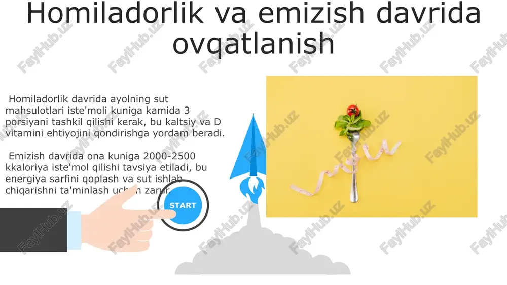 emirishning oldini olish uchun kunlik kaloriyalar miqdorini 1500-2000 kaloriya oralig'ida ushlab turish, metabolizm tezligini oshirish va jismoniy faollikni kuniga kamida 30 daqiqa amalga oshirish muhim. 06 05 04 sog'lom ovqatlanish tushunchasi 01 02 sog'lom ovqatlanish kuniga kamida 5 turdagi meva va sabzavot iste'mol qilishni, shuningdek, kunlik kaloriyalar miqdorini yosh va jismoniy faollik darajasiga moslashtirishni o'z ichiga oladi. to'g'ri ovqatlanish kunlik ratsionda murakkab uglevodlar (masalan, butun don mahsulotlari)ning 55-60%, oqsillarni 10-15% va yog'larning 25-30% ni tashkil etishini nazarda tutadi. immunitetni mustahkamlash balansli ovqatlanish, kunlik 5-7 xil meva va sabzavot iste'mol qilish orqali organizmni zarur antioksidantlar va fitokimyoviy moddalar bilan ta'minlaydi, bu esa immunitet tizimini kuchaytiradi. probiyotiklarga boy fermentlangan sut mahsulotlari ichak mikrobiotasini yaxshilaydi, bu esa immunitetning 70% dan ortig'ini ta'minlaydigan ichak immunitetiga ijobiy ta'sir ko'rsatadi. vitaminlar va minerallar suyaklarning mustahkamligi va kaltsiy singib ketishini ta'minlash uchun d vitamini va kaltsiy minerali birgalikda muhim rol o'ynaydi; bu ikki elementning yetishmasligi raxit kabi …