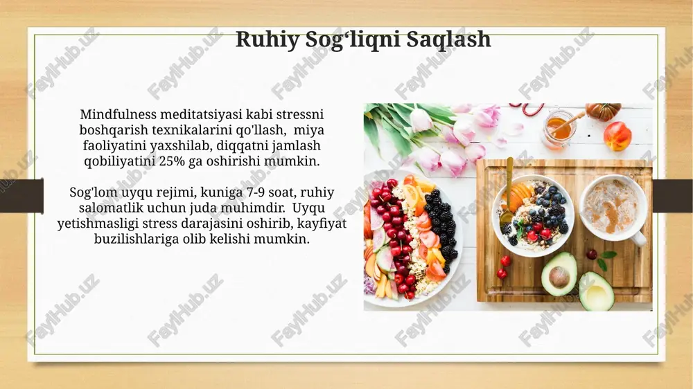 asini pasaytiradi va uyqu sifati yaxshilanishiga yordam beradi, bu esa umumiy farovonlikni oshiradi. yomon odatlardan voz kechish yomon odatlardan voz kechish, misol uchun, kundalik 2-3 soatlik ekran vaqtini 1 soatgacha kamaytirish orqali stress darajasini 20% ga pasaytirishga yordam beradi. chekishga chek qo'yish yurak-qon tomir kasalliklari xavfini 50% gacha kamaytirib, o'pka sig'imini yaxshilaydi va umr uzoqligini oshiradi. muntazam tibbiy koʻrik tibbiy koʻriklar davomida aniqlangan kichik sogʻliq muammolari, masalan, kamqonlik yoki vitamin yetishmasligi, tezkor davolanish bilan 90% hollarda samarali davolanadi va jiddiyroq kasalliklarning oldini oladi. muntazam tibbiy koʻriklar yurak-qon tomir kasalliklari xavfini 20% ga kamaytirishi mumkin, bu erta aniqlash va profilaktika choralarini oʻz vaqtida qoʻllash orqali amalga oshiriladi. rejalashtirish va tartib haftaga 2-3 marta yoga yoki meditatsiya mashg'ulotlarini rejalashtirish stressni kamaytirish va umumiy farovonlikni yaxshilashga yordam beradi, uyqu sifatini 20% ga oshirishi mumkin. har kuni ovqatlanish rejasini tuzish, taomlarning kaloriyaviy miqdorini nazorat qilish va kunlik iste'mol qilinadigan meva-sabzavot miqdorini 5-7 porsiyagacha oshirish …