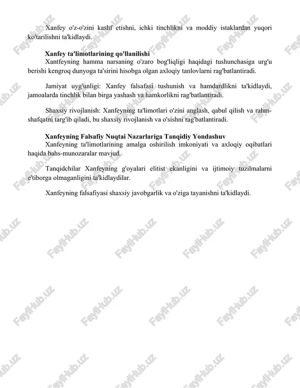tlantiradi. xanfeyning falsafiy nuqtai nazarlariga tanqidiy yondashuv xanfeyning ta'limotlarining amalga oshirilish imkoniyati va axloqiy oqibatlari haqida bahs-munozaralar mavjud. tanqidchilar xanfeyning g'oyalari elitist ekanligini va ijtimoiy tuzilmalarni e'tiborga olmaganligini ta'kidlaydilar. xanfeyning falsafiyasi shaxsiy javobgarlik va o'ziga tayanishni ta'kidlaydi. xulosa iltimos, "xanfeyning falsafiy ta'limlari" matnini menga bering, shunda siz uchun xulosa yozishga yordam bera olaman. matnda keltirilgan asosiy g'oyalar va dalillarni bilishim kerak, shunda sizning fikringizni to'liq aks ettiruvchi xulosa yoza olaman. foydalanilgan adabiyotlar "iltimos, "xanfeyning falsafiy ta'limlari" haqida ko'proq ma'lumot bering. sizga tegishli ma'lumotlarni berish uchun qo'shimcha ma'lumot kerak
