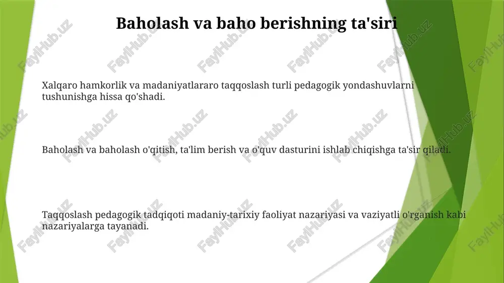 ar beradi. ta'lim falsafalarining ta'siri konstruktivism, behaviorizm va sosyokultural nazariyalar kabi ilmiy nazariyalar o'quv jarayonlarini tushunish va pedagogik tadqiqotlarni boshqarish uchun nazariy asoslarni taqdim etadi. taqqoslash pedagogik tadqiqotlari xalqaro miqyosda ta'lim amaliyotlarini o'rganib, tahlil qilib, kuchli tomonlarini, kamchiliklarini va takomillashtirish imkoniyatlarini aniqlaydi. ta'lim falsafalari o'quv maqsadlari va usullarini shakllantiradi, bu esa turli mamlakatlardagi o'quv dasturlari va o'qitish amaliyotlariga ta'sir qiladi. xalqaro ta'lim tadqiqotlari bu tadqiqotlar eng yaxshi amaliyotlarni aniqlash, madaniy ta'sirlarni tushunish va ta'limda global hamkorlikni rivojlantirishga qaratilgan. xalqaro tadqiqotlar turli mamlakatlardagi ta'lim tizimlarini, siyosatlarini va amaliyotlarini tahlil qiladi. taqqoslash pedagogik tadqiqotlari ta'lim farqlarini tushunish uchun sotsiologiya, antropologiya va psixologiya nazariyalaridan foydalanadi. ijtimoiy va madaniy kontekstning rolı taqqoslash pedagogik tadqiqoti bu farqlarni tushunish uchun sotsiologiya, antropologiya va ta'lim nazariyalaridan foydalanadi. xalqaro tadqiqotlar samarali pedagogik yondashuvlarni aniqlashga va global ta'limni yaxshilashga hissa qo'shadi. ijtimoiy va madaniy omillar turli kontekstlarda ta'lim amaliyoti va talaba o'rganishini shakllantiradi. o'qituvchilarni tayyorlash va rivojlantirishni o'rganish. turli …