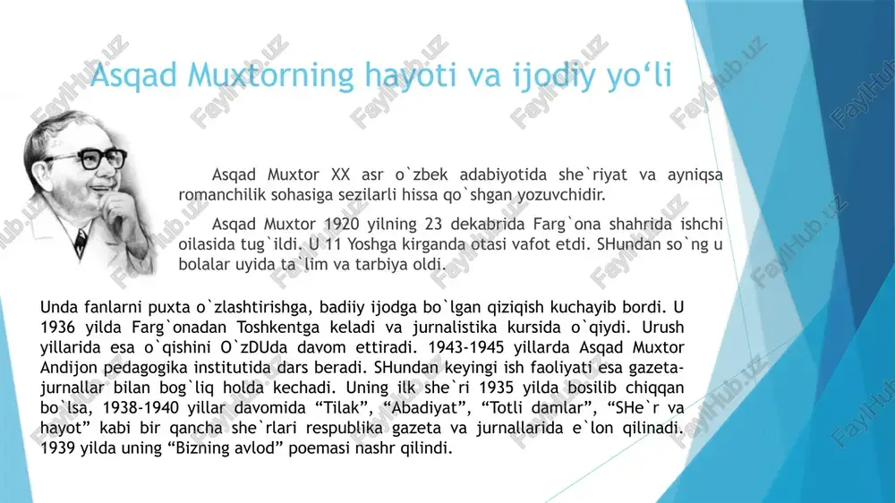 xalq tilida aytiladigan iboralar)ni mohirona qo‘llagan. 2. ruhiy izlanish, insoniy kechinmalar muxtorning she’riy va nasriy ijodida oddiy insonning ruhiy holati, xalq bilan bog‘lanishi, o‘zligi, kechinmalari ham muhim mavzular. masalan, «mangulikka dahldor» kabi dostonda insonning abadiylik, xotira, tarixi bilan bog‘liq izlanishlari mavjud. 3. vatanparvarlik, xalq manfaati va ijtimoiy mavzular muxtorning asarlarida vatan, millat, xalq taqdiri, mehnat, jamiyat oldidagi mas’uliyat — bular ham tez-tez ko‘tarilgan g‘oyalar. masalan, ilk she’rlarida «pulat kuyuvchi» kabi mehnat mavzusi chiqqan. asarlaridagi asosiy mavzular inson va jamiyat muxtor asarlarida jamiyat bilan inson o‘rtasidagi munosabat — shu jumladan, kishining jamiyat ichida o‘rni, kamchiliklari, undagi ichki qarama-qarshiliklar — ochib berilgan. jamiyatdagi o‘zgarishlar, ideologik muhit, shaxsning ijtimoiy holati muhokama qilinadi. masalan, tadqiqotchilarning ta’kidlashicha, “sisters” (“opa-singillar”) romani shaxs va jamiyat munosabatini ko‘taradi. vatanparvarlik va xalq taraqqiyoti mehnat (ishchi sinfi, oddiy xalq) mavzusi: “pulat kuyuvchi” she’ri orqali. milliy qadriyatlar, xalq tarixi, millatning ruhiyligi — asarlarda ko‘rinadi. masalan, “qoraqalpoq qissasi” hikoyasi orqali. ruhiy izlanish …