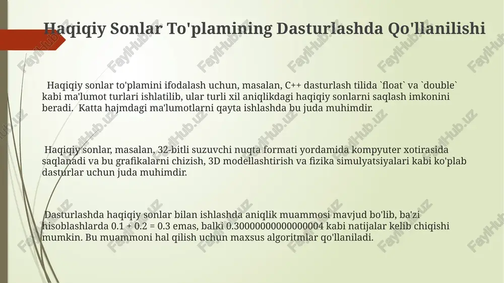 o'lgan barcha ratsional (masalan, 2/3, -5) va irratsional (masalan, π, √2) sonlarni o'z ichiga oladi, bu to'plam uzluksizdir. haqiqiy sonlar to'plami tartiblangan to'plam bo'lib, har qanday ikkita haqiqiy sonni kattaligi bo'yicha taqqoslash mumkin, ya'ni a b bo'ladi. chekli to'plamlarning hisoblashda qo'llanilishi ehtimollik nazariyasida 20 ta mumkin bo'lgan natijadan iborat cheklangan namuna fazosi bilan bog'liq muammolarni hal qilishda, cheklangan to'plamlar voqealarni modellashtirish uchun qo'llaniladi. cheklangan to'plamlar hisoblashda ma'lumotlar tuzilmalari sifatida ishlatiladi, masalan, 10 ta elementdan iborat to'plamni ifodalashda 0 dan 9 gacha bo'lgan indekslar bilan massiv yordamida samarali saqlash mumkin. graflarda, 5 ta tugundan iborat grafiga qo'shni tugunlar to'plamlarini aniqlashda cheklangan to'plamlar strukturaviy ma'lumotlarni ifodalashga yordam beradi. e'tiboringiz uchun rahmat @taqdimot_robot