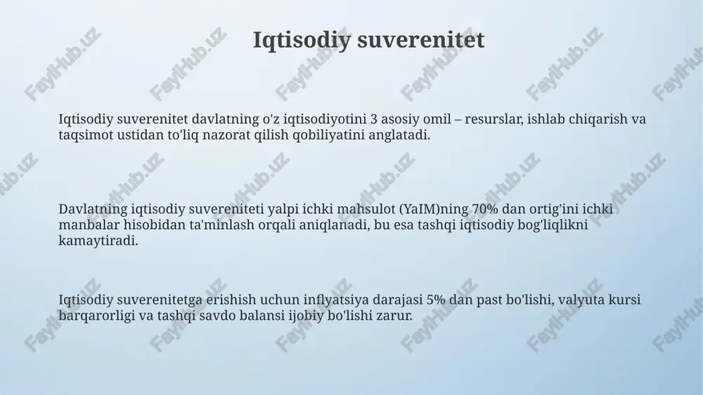 ga ta'sir ko'rsatadi, uni chegaralaydi va qayta shakllantiradi. suverenitetning chegarasi, shuningdek, inson huquqlari va erkinliklarining xalqaro himoyasi bilan belgilanadi; masalan, 30 dan ortiq xalqaro konventsiyalar davlatlarning ichki ishlariga aralashuvga yo'l qo'ymaydi. davlat suvereniteti xalqaro huquq normalari va shartnomalari, xususan, bmt nizomi kabi 193 davlatning o'zaro munosabatlarini tartibga soluvchi hujjatlar bilan chegaralanadi. siyosiy suverenitet siyosiy suverenitetning asosiy belgilaridan biri uning chegaralanganligi bo'lib, u xalqaro huquq normalari va mintaqaviy shartnomalar kabi 5 ta asosiy omil bilan chegaralanadi. siyosiy suverenitet davlatning ichki va tashqi ishlarda mustaqil ravishda qaror qabul qilish huquqini, ya’ni 160 dan ortiq mamlakatlar tomonidan tan olingan suverenitet normasi asosida amalga oshirilishini anglatadi. siyosiy suverenitet, konstitutsiyaviy huquqiy tizimning 3 ta asosiy tarkibiy elementi – qonun chiqaruvchi, ijro etuvchi va sud hokimiyatlari o‘rtasidagi muvozanat orqali ta’minlanadi. suverenitet va xalqaro huquq suverenitetning chegaralanishi, masalan, inson huquqlari bo‘yicha xalqaro shartnomalar orqali, 2-jahon urushidan keyingi davrda kuchaygan va 30 dan ortiq shartnoma davlatlarning ichki ishlariga …