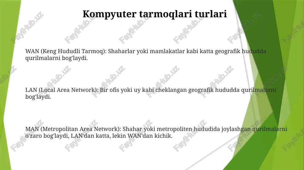 halliy tarmoq), wan (keng miqyosli tarmoq) va man (shahar tarmog'i) ni o'z ichiga oladi. kompyuter tarmoqlari - bu resurslarni baham ko'rish va muloqot qilish uchun bir nechta qurilmani birlashtiruvchi tizimlar. transport qatlami transport qatlami turli xostlardagi dasturlar orasida ishonchli ma'lumot uzatilishini ta'minlaydi. transport qatlamida keng tarqalgan protokollarga tcp (transmission control protocol) va udp (user datagram protocol) kiradi. u o'z ichiga oladi xizmatlar kabi oqim nazorati, xatolik tekshiruvi va segmentatsiya. taqdimot qatlami bu qatlam ma'lumotlar foydalanuvchi qurilmasi va dasturiy ta'minoti bilan mos keladigan tarzda taqdim etilishini ta'minlaydi. taqdimot qatlami ma'lumotlarni foydalanuvchi uchun tushunarli bo'lgan tarzda formatlash va taqdim etish uchun javobgardir. u shifrlash, siqish va ma'lumotlarni konvertatsiya qilish kabi vazifalarni bajaradi. fizik qatlam kabellar, ulashgichlar va tarmoq interfeyslari kabi jismoniy komponentlar bilan ishlaydi. u digital ma'lumotlarni elektr signallarga aylantiradi, ularni tarmoq orqali uzatadi va maqsadga yetkazib beradi. fizik qatlami ma'lumotlarni jismoniy muhit orqali uzatish uchun elektr, mexanik va protsedural specifikatsiyalarni belgilaydi. …