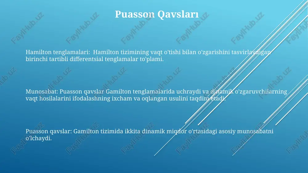 izimning umumiy energiyasini ifodalaydigan va umumlashtirilgan koordinatalar va impulslar nuqtai nazaridan ifodalangan funksiya. hamilton tenglamalari: hamiltondan foydalanib tizimning vaqt bo'yicha o'zgarishini tasvirlaydigan birinchi tartibli differentsial tenglamalar to'plami. oddiy garmonik tebranish oddiy garmonik tebranishga qo'llanilganda, hamilton tenglamalari tizimning sinusoid tebranishini mukammal aks ettiradigan harakat tenglamalarini hosil qiladi. oddiy garmonik ostsillyator - bu xuk qonuni bilan tavsiflangan, doimiy chastota bilan oldinga va orqaga tebranuvchi tizim. hamilton tenglamalari tizimning umumiy energiyasini ifodalovchi gamiltoniyan yordamida tizimning vaqt o'zgarishini tasvirlaydi. kuylashuvchanlarning vaqtga bog'liqligi gamilton tenglamalari klassik gamilton tizimining vaqt o'tishi bilan o'zgarishini tasvirlaydigan birinchi tartibli differentsial tenglamalar to'plamidir. kutilgan kattalikning vaqt bo'yicha o'zgarishi geizenberg harakat tenglamasi bilan boshqariladi, u kutilgan kattalikning vaqt bo'yicha hosilasini gamiltonian bilan kommutatoriga bog'laydi. kvant mexanikasida kuzatilgan kattalikning vaqt bo'yicha o'zgarishi shredinger tenglamasi bilan belgilanadi. gamilton mexanikasi hamilton tenglamalari tizimning koordinatalari va impulslarining vaqt bo'yicha o'zgarishini tavsiflovchi birinchi tartibli differentsial tenglamalar to'plamidir. ular gamiltoniandan kelib chiqadi va nyutonning harakat qonunlariga tengdir. …