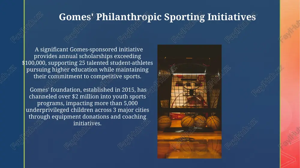 and defensive prowess that solidified his team's position at the top of the league table. the business of sports and gomes the business model focusing on gomes' endorsements could leverage strategic partnerships with brands targeting specific demographics, generating revenue streams exceeding $10 million annually based on conservative projections of sponsorship deals. gomes' influence on social media, with a follower count exceeding 500,000 across various platforms, presents a lucrative avenue for monetization through targeted advertising and influencer marketing campaigns, generating substantial income streams. thank you for your attention @taqdimot_robot image4.jpg image5.jpg image6.jpg image7.jpg image8.jpg image9.jpg image10.jpg image11.jpg image12.jpg image2.png image3.png