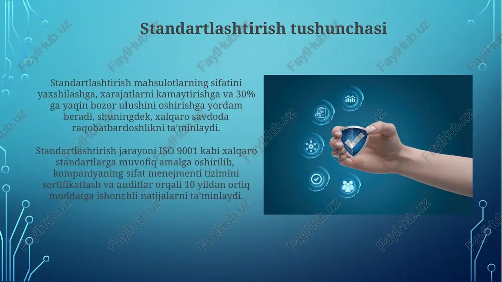 nini 99,9997% ga kamaytirishga yordam beradi. standartlashtirish turlari standartlashtirishning bir turi sifatida milliy standartlar (o'zdst) mavjud bo'lib, ular mahsulotlar, jarayonlar va xizmatlarning sifatini ta'minlash uchun 1000 dan ortiq standartlarni o'z ichiga oladi. tarmoq standartlari esa, muayyan sohaga xos bo'lgan texnik talablarni belgilaydi, masalan, avtomobilsozlikda 50 ga yaqin turdagi standartlar qo'llaniladi. muvofiqlik baholash muvofiqlik baholash jarayoni mahsulot sifatining 95% dan ortiq darajada mosligini ta'minlash uchun 8 ta kalit ko'rsatkichlarni (kpi) va 2 ta asosiy texnologik jarayonni o'z ichiga oladi. muvofiqlikni baholashda kamida 2 nafar malakali mutaxassis ishtirok etadi va jarayon yakunida 10 balldan kamida 8 ball to'plagan tashkilot sertifikat olishi mumkin. standartlashtirish va innovatsiyalar standartlashtirilgan ish jarayonlari, tadqiqot va rivojlantirishga 10% ko'proq mablag' sarflash imkoniyatini yaratib, innovatsiyalar tezligini oshiradi. standartlashtirish, mahsulot sifatini 20% ga oshirish bilan birga, yangi texnologiyalarni joriy etish va innovatsiyalarni qo'llab-quvvatlash uchun mustahkam poydevor yaratadi. iso standartlari iso 9001 standarti sifat menejmenti tizimlarini sertifikatlash uchun xalqaro miqyosda tan …