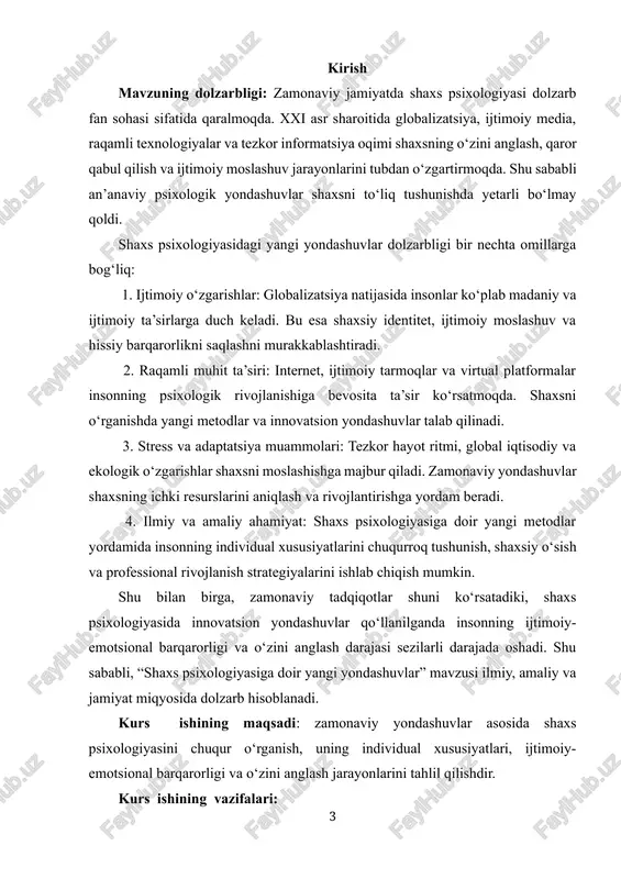 shkil qildi. shuningdek, muammoga oid xorij va o‘zbek psixologlarining nazariy metodologik ma’lumotlari va g‘oyalari, i.v.dubrovina, x.y. liymets, yu.l.sierd , e.g‘.g‘oziev, m.g.davletshin, g.b.shoumarov, sh.r. baratov, b.rdodirov, r.z.gaynutdinov, v.m.karimova, n.a.sog‘inovlarning ta’lim sohasini isloh bo‘yicha fikr va nazariyalari tadqiqotimizning metodologik negizidir. kurs ishining tuzilishi va xajmi: kirish, 2 bob, 4 bo‘lim, xulosa, foydalanilgan adabiyotlardan iborat. i bob shaxs psixologiyasida yangi yondashuvlar 1.1 aqsh va rossiya psixologiyasida zamonaviy yo‘nalishlar va ularning klassifikatsiyasi psixologiya fanini muayyan sohalarga bo‘lishda aniq, yaqqol faoliyatining psixologik tomoni, insonning jamiyatga nisbatan psixologik munosabati, taraqqiyotining psixologik jabhasi asos qilib olingan. psixologiya sohalarining tavsifiga qisqacha to‘xtalib o‘tamiz. umumiy psixologiya - umumiy psixologik qonuniyatlar, mexanizmlar, murakkab ichki bog‘lanishlar, nazariy va metodologik printsiplar, ilmiy tadqiqot metodlar, psixikaning filogenetik va ontogenetik o‘zgarishlarini, ilmiy tushunchalar va kategoriyalar, bilish jarayonlarini amaliy va nazariy jihatdan tadqiqot qiladigan soha. [footnoteref:1] [1: u.fayziyeva, n.jumayev umumiy psixologiya buxoro 2021] umumiy psixologiya boshqa sohalar kabi shartli ravishda qabul qilingan nomdan iboratdir. psixologiya …