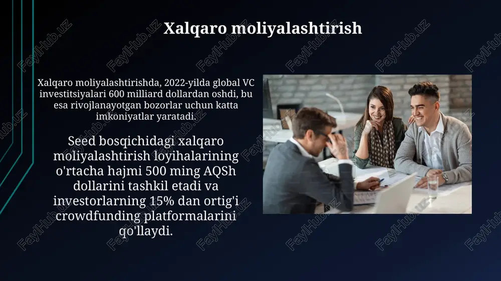 maydoni, mentorlik va dastlabki sarmoya (odatda 20,000$ dan 100,000$ gacha) beradi. kraudfanding kraudfandingning turli xil modellari, masalan, "equity crowdfunding" yoki "reward-based crowdfunding", investorlarga turli darajadagi ishtirok imkoniyatlarini taqdim etadi. kraudfanding platformalarida 2022 yilda global miqyosda 16 milliard dollardan ortiq mablag' yig'ilgan bo'lib, bu usul kichik bizneslar uchun muhim moliyaviy manba hisoblanadi. garovsiz qarz garovsiz qarz olish uchun murojaat qilish jarayoni, odatda, kredit tarixini tekshirish, biznes rejasini ko'rib chiqish va shaxsiy suhbatlarni o'z ichiga oladi, bu esa 2-4 hafta vaqtni talab qilishi mumkin. garovsiz qarzlar, odatda, 50,000 dan 500,000 aqsh dollarigacha bo'lgan miqdordagi mablag'larni qamrab oladi va foiz stavkalari biznes rejasiga va kredit tarixiga bog'liq holda farq qiladi. biznes farishtalari biznes farishtalari odatda 25,000$ dan 1 million$ gacha miqdorda investitsiya qilishadi, bu esa ularning yuqori xavfli startaplarga investitsiya qilishga tayyorligini ko'rsatadi. tadqiqotlar shuni ko'rsatadiki, biznes farishtalari portfelidagi 10 ta startaptdan taxminan 2-3 tasi muvaffaqiyatli bo'ladi, ammo ularning yuqori daromad keltiruvchi potentsiali …