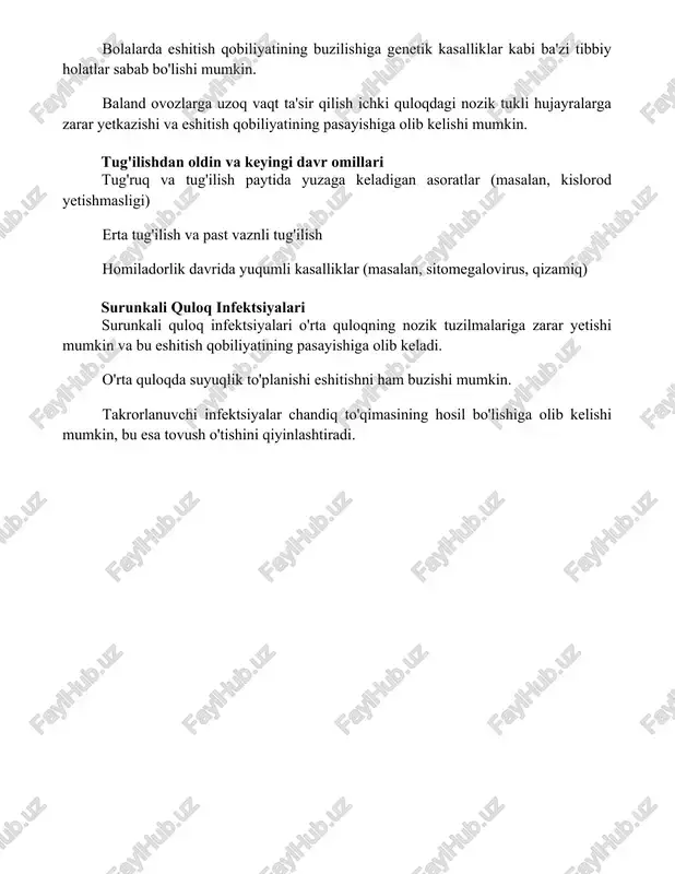 sh va aralashuv juda muhim. sabablarni tushunish profilaktika choralarini, maqsadli terapiyalarni va ta'sirlangan bolalarning hayot sifatini yaxshilash imkonini beradi. foydalanilgan adabiyotlar 1. kasalliklarni nazorat qilish va profilaktika markazlari (cdc). (2023). eshitish qobiliyatini yo'qotish: sabablari va xavf omillari. olingan [https://www.cdc.gov/ncbddd/hearingloss/causes-risk-factors.html](https://www.cdc.gov/ncbddd/hearingloss/causes-risk-factors.html) 2. karliklik va boshqa muloqot buzilishlari bo'yicha milliy institut (nidcd). (2022). eshitish qobiliyatini yo'qotish. olingan [https://www.nidcd.nih.gov/health/hearing-loss](https://www.nidcd.nih.gov/health/hearing-loss) 3. jahon sog'liqni saqlash tashkiloti (who)
