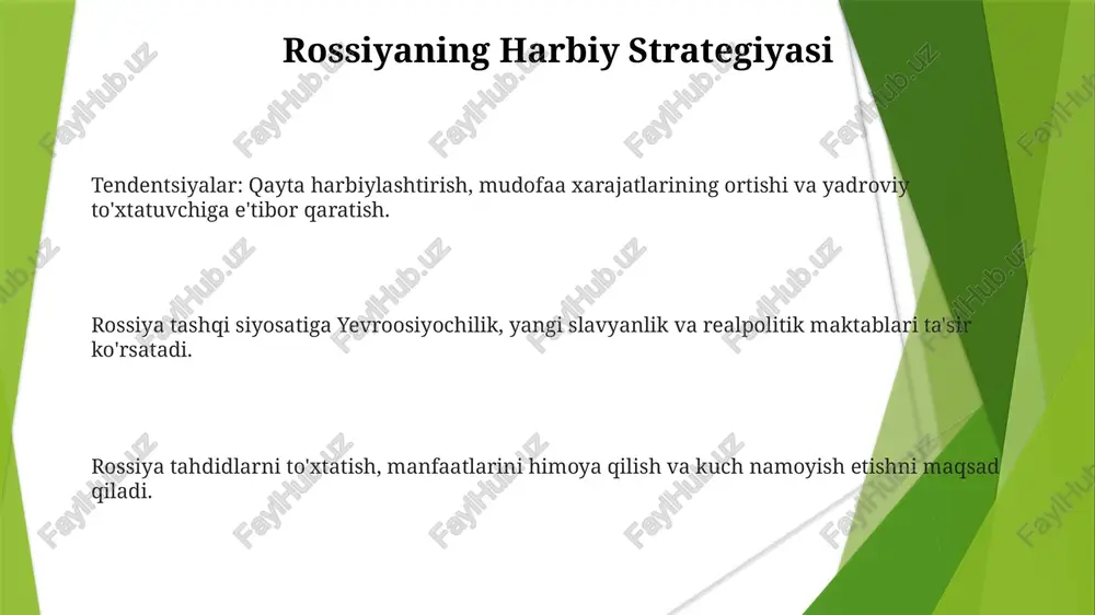 eradi. xitoy va boshqa osiyo davlatlari bilan aloqalarni mustahkamlash, iqtisodiy hamkorlikni diversifikatsiya qilish va g'arb ta'sirini qaytarish kabi tendentsiyalar kuzatilmoqda. sovet geosiyosati rossiyadagi geosiyosiy maktablar: evroosiyochilik, rossiyaning o'ziga xos tsivilizatsiyasi va geosiyosiy taqdirini ta'kidlab, va rossiya boshchiligidagi evroosiyo integratsiyasini himoya qiluvchi neo-evroosiyochilikni o'z ichiga oladi. rossiyadagi tendentsiyalar: sovet davri global kommunistik inqilobga yo'naltirilganidan rossiya milliy manfaatlarini targ'ib qilishga, kuchli harbiy ahamiyatini ta'kidlashga va ko'p qutbli dunyo tartibini yaratishga o'tish. sovet geosiyosati: marksist-leninist ideologiyaga asoslangan bo'lib, kommunistik kengayishni targ'ib qilish va kapitalistik ta'sirga qarshi kurashishga qaratilgan edi. rus milliyligi va geosiyosat rossiya milliyligi va geosiyosati: rossiyaning noyob tarixi va madaniyatini ta'kidlaydi, kuchli davlat va faol tashqi siyosatni targ'ib qiladi. rossiyada geosiyosiy tendentsiyalar: so'nggi yillarda milliy xavfsizlik, iqtisodiy o'z-o'zini ta'minlash va sobiq sovet respublikalarida ta'sir doirasini kengaytirishga e'tibor kuchaydi. rossiyadagi geosiyosiy maktablar: "yevroosiyochilik" (rossiyani osiyo bilan birlashtiradi) dan "slavyan ittifoqi" (rossiyani boshqa slavyan millatlari bilan birlashtiradi) gacha turli nuqtai nazarlar. rossiya bilan …