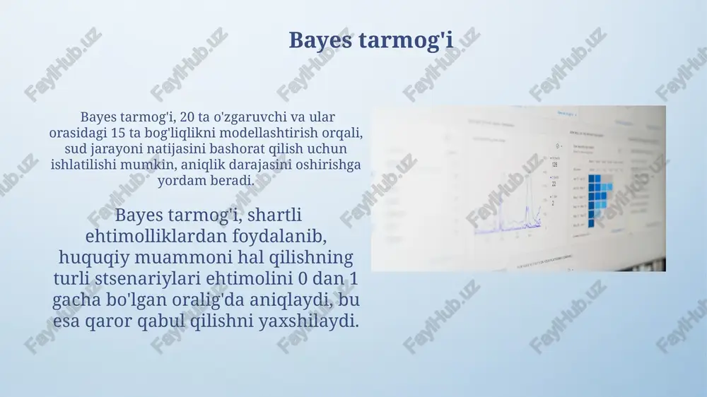 li deb hisoblanadi. ma'lumotlarni to'plash va tayyorlash muhim o'zgaruvchilarni aniqlash uchun 5 ta asosiy omilni (masalan, sudlanuvchining yoshi, jinoyat turi) tanlash va ularni standartizatsiya qilish zarur. sud qarorlari bazasidan 1000 dan ortiq sud ishlari bo'yicha ma'lumotlar to'plamini yaratish va ularni toifalarga (masalan, jinoyat, fuqarolik) bo'lish kerak. mashinani o'rgatish usullari neyron tarmoqlari, chuqur o'rganishning bir turi, murakkab huquqiy ma'lumotlar to'plamlarini tahlil qilib, 90% dan yuqori aniqlik bilan natijalarni bashorat qilish imkonini beradi. mashina o'rgatishning regressiya usullari, masalan, lineer yoki polinomial regressiya, huquqiy muammolarni hal qilish ehtimolini 0 dan 1 gacha bo'lgan oralig'da bashorat qilishda qo'llanilishi mumkin. vizualizatsiya usullari sud jarayonlari natijalarini 3d tarqalish diagrammalari yordamida vizualizatsiya qilish, 5 yillik statistik ma'lumotlar asosida muammoni hal qilish ehtimolini 95% ishonch oralig'i bilan ko'rsatish imkonini beradi. regressiya tahlil natijalarini chiziqli grafiklar orqali taqdim etish, mustaqil va bog'liq o'zgaruvchilar o'rtasidagi bog'lanish kuchini r2 koeffitsiyenti bilan ifodalab, prognozlash aniqligini 80% ga yetkazish mumkin. e'tiboringiz uchun rahmat …