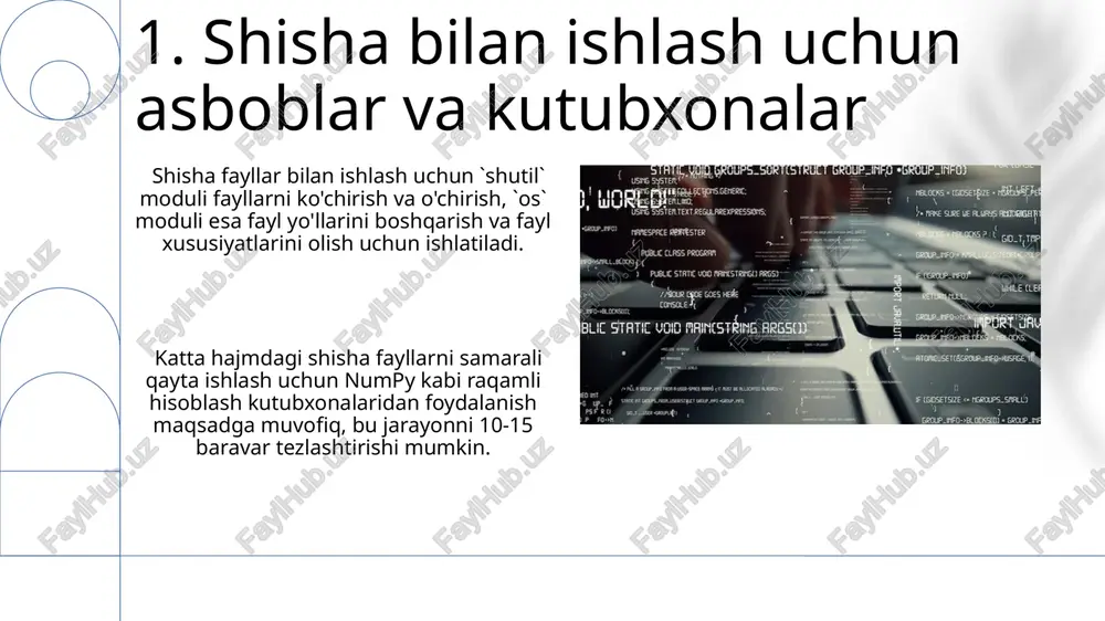 logiya uchun muhimdir. 10. shishadagi ma'lumotlar tuzilmalari grafiklar, shishadagi ma'lumotlarni vizualizatsiya qilish uchun muhim vositadir. masalan, 2-darajali daraxt strukturasi 7 ta tugundan iborat bo'lib, har bir tugun 3 ta farzand tugunga ega bo'lishi mumkin. shishadagi ma'lumotlar tuzilmalari, masalan, stack va queue, lifo (last-in, first-out) va fifo (first-in, first-out) algoritmlariga asoslanadi, bu esa 1000 ta elementdan iborat massivni samarali boshqarishga imkon beradi. 11.shishada murakkab dasturlarni yaratish katta hajmdagi ma'lumotlar bilan ishlashda, shishada yaratilgan dasturlar xotira boshqaruvini samarali amalga oshirishi, 10 mb dan ortiq ma'lumotlarni qayta ishlash uchun maxsus strategiyalar qo'llanishi kerak. shishada murakkab dasturlarni ishlash tezligini oshirish uchun, algoritmlarni optimallashtirish, ma'lumotlar tuzilmalari tanlash va protsessorning ko'p yadroli imkoniyatlaridan foydalanish kabi strategiyani qo'llash kerak. 12.shishada ob'ektga yo'naltirilgan dasturlash shishada obyektga yo'naltirilgan dasturlashda, 5 dan ortiq sinflar o'zaro ta'sir qilganda, dizayn naqshlarini qo'llash (masalan, singleton, factory) dastur kodining o'qiyolishini va texnik xizmat ko'rsatishni yaxshilaydi. shishada obyektga yo'naltirilgan dasturlashda 3 ta asosiy xususiyat: inkapsulyatsiya, …