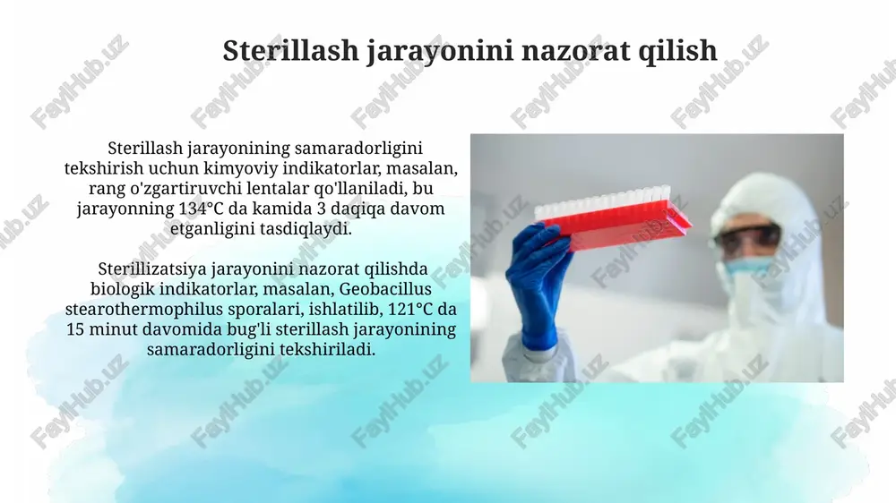 ratda o'tkaziladi va termik sezgir asbob-uskunalarni sterillash uchun ishlatiladi, effektivligi 99.9999% ga yetadi. yuqori haroratli sterillash usullari, masalan, avtoklavlash (121°c da 15-20 daqiqa) bakteriyalarni, viruslarni va sporalarni yo'q qiladi, 10 6 ga yaqin mikrobial hujayralarni o'ldiradi. radiatsion sterillash usullari radiatsion sterillash plastik materiallar, tibbiy asbob-uskunalar va bir martalik tibbiy buyumlarni 10⁻⁶ sal (sterillik kafolat darajasi) ga yetkazish uchun qo'llaniladi. radiatsion sterillashda 25-35 kgy dozada gamma-nurlar yoki elektron nurlanishdan foydalaniladi, bu bakteriyalar, viruslar va sporalarni samarali yo'q qiladi. e'tiboringiz uchun rahmat @taqdimot_robot image2.jpg image3.jpg image4.jpg image5.jpg image6.jpg image7.jpg image8.jpg image9.jpg image10.jpg image11.jpg image12.jpg image1.png