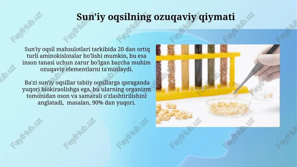tirib chiqarish ehtimoli 1-5% gacha bo'lib, bu oddiy oziq-ovqat mahsulotlariga nisbatan pastroqdir. sun'iy oqsil va oziq-ovqat xavfsizligi sut, tuxum kabi hayvonlardan olingan oqsillarga nisbatan, sun'iy oqsil ishlab chiqarish 90% gacha kamroq suv va 80% gacha kamroq er maydonidan foydalanadi, shu bilan tabiiy resurslarni tejaydi va xavfsizlikni oshiradi. sun'iy oqsil mahsulotlarining allergiya xavfi sezilarli darajada past bo'lib, hajmi bo'yicha 5-10% gacha bo'lgan an'anaviy oziq-ovqat mahsulotlariga nisbatan xavfsizlik ko'rsatkichlari yuqori. gen muhandisligi va sun'iy oqsil ishlab chiqarish gen muhandisligi yordamida oqsil tarkibi 30% gacha oshirilgan o'simlik navlari yaratilmoqda, bu esa oziq-ovqat mahsulotlarining oqsil miqdorini sezilarli darajada oshirish imkonini beradi. sun'iy oqsil ishlab chiqarishda crispr-cas9 kabi gen tahrirlash texnologiyalari aniqlikni oshirib, allergiya xavfini kamaytirishga yordam beradi. sun'iy oqsil ishlab chiqarishdagi texnologik taraqqiyot sun'iy go'sht ishlab chiqarishda hujayra madaniyati texnologiyasi yordamida 1 kg mahsulot olish uchun zarur bo'lgan energiya sarfini 20% ga kamaytirishga erishildi. sun'iy oqsil ishlab chiqarishda genetik muhandislik usullari qo'llanilib, o'simliklarning oqsil …