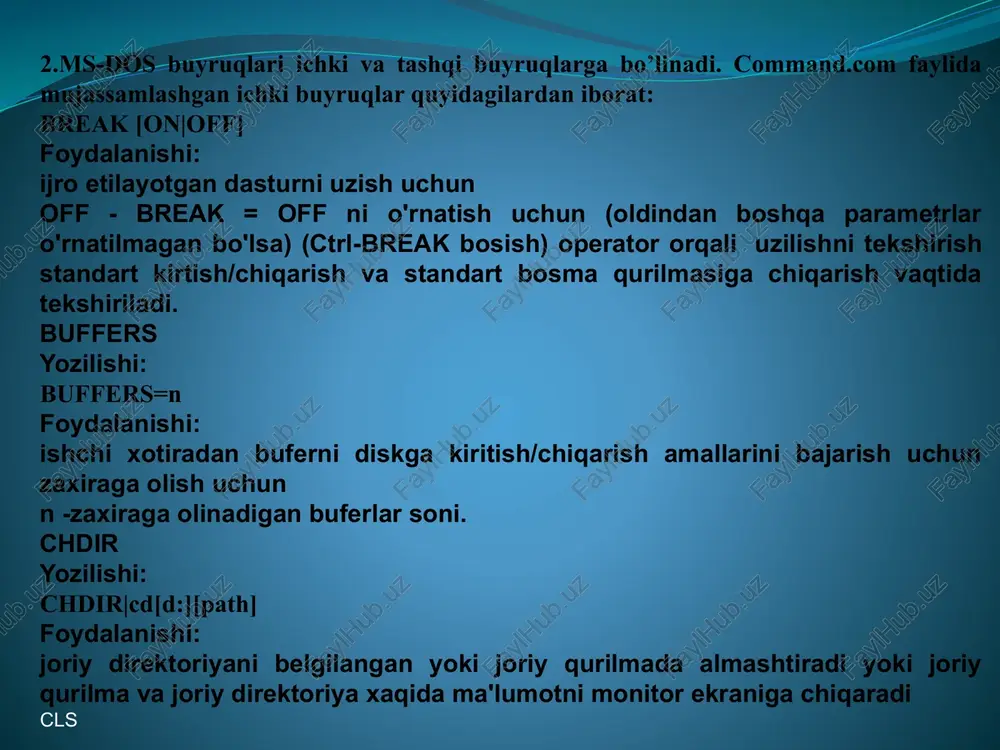 foydalanishi: disk yoki joriy direktoriyaning mundarijasini chiqarish uchun mundarijada xar bir faylning xajmi, diskga yozilgan vaqti xaqida axborot mavjud bo'ladi /p - ekranga mundarijani betma-bet chiqarish uchun /w - ekranga mundarijani keng shaklda chiqarish uchun, bu xolatda faylning faqat nomigina ko'rsatilgan bo'ladi files yozilishi: files = n foydalanishi: bir vaqt ichida ochish mumkin bo'lgan fayllar sonini belgilash ms-dos bir vakt ichida 20 gacha fayl (optimal son - 8) ochish uchun imkon yaratadi mkdir yozilishi: mkdir [d:] [path] yoki md [d:] [path] foydalanishi: belgilangan qurilmada direktoriya yaratish path yozilishi: path [[d:] [path [[; [d:] [path]...]] foydalanishi: buyruqlarni topish uchun alternativ marshrutlar belgilaydi parametrsiz berilgan path buyrug'i monitor ekranida joriy direktoriyaga kirish marshrutini ko'rsatadi. path; qidirish buyrug'ini bekor qiladi path buyrugi faqat .exe, .com, .bat kengaytmali faylarni qidirish uchun ishlatiladi prompt yozilishi: prompt [so'rov matni] foydalanishi: yangi tizimli so'rovni o'rnatadi. matn maxsus buyruq satrlaridan iborat bo'lishi mumkin. quyidagi buyruq satrlaridan foydalanish mumkin …