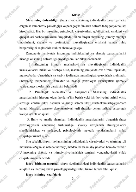 ing nazariy metodologik ma’lumotlari va g‘oyalari, i.v.dubrovina, x.y. liymets, yu.l.sierd , e.g‘.g‘oziev, m.g.davletshin, g.b.shoumarov, sh.r. baratov, b.rdodirov, r.z.gaynutdinov, v.m.karimova, n.a.sog‘inovlarning ta’lim sohasini isloh bo‘yicha fikr va nazariyalari tadqiqotimizning metodologik negizidir. kurs ishining tuzilishi va xajmi: kirish, 2 bob, 4 bo‘lim, xulosa, foydalanilgan adabiyotlardan iborat. i bob shaxs tushunchasi va uning psixologik tuzilishi 1.1 shaxs haqida tushuncha shaxs tushunchasi keng va ko‘p qirralidir. mehnat qila olish ko‘nikmasining mavjudligi, insonlar bilan birgalikda faoliyat munosabatni amalga oshirayotgan kishi asta - sekin shaxsga aylanib boradi. bevosita moddiy dunyoni, jamiyatni va xususan o‘zini o‘rganish va faol tarzda qayta o‘zgartirish jarayonining sub‘ektga aylanmoqda. shu o‘rinda haqli bir savol tug‘iladi, ya’ni shaxs, individ, individuallik tushunchasining o‘zaro bog‘liqlik jihatlari mavjudmi? buning uchun mazkur tushunchalarning mazmunini tahlil qilish samarali hisoblanadi. shuning uchun ham dastlab individ tushunchasining mazmuniga to‘xtalish lozim. a.v.petrovskiy tahriri ostida chiqqan —umumiy psixologiya” darsligida —individ” tushunchasida kishining nasl-nasabi ham mujassamlashgandir. yangi tug‘ilgan chaqaloqni, katta yoshdagi odamni ham, …