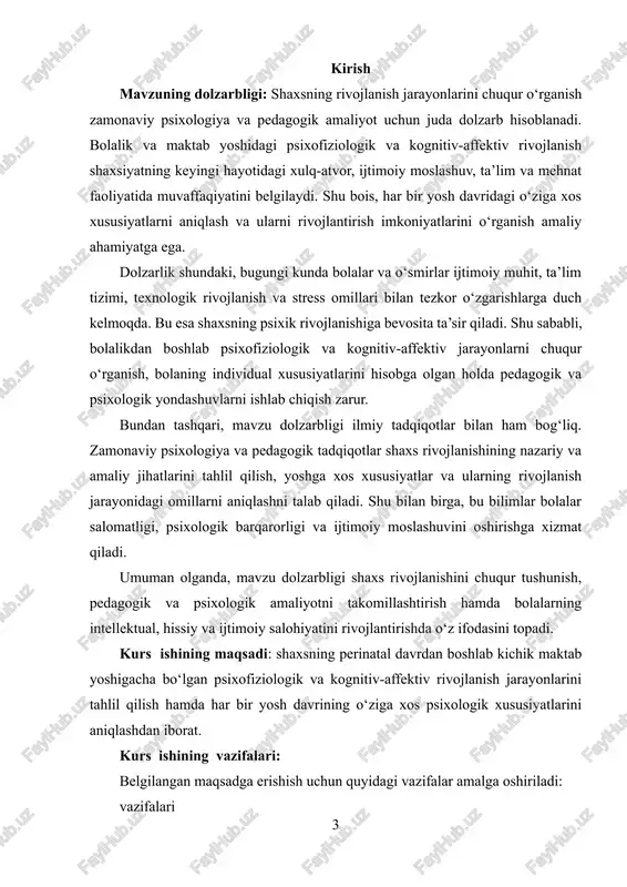 arining nazariy metodologik ma’lumotlari va g‘oyalari, i.v.dubrovina, x.y. liymets, yu.l.sierd , e.g‘.g‘oziev, m.g.davletshin, g.b.shoumarov, sh.r. baratov, b.rdodirov, r.z.gaynutdinov, v.m.karimova, n.a.sog‘inovlarning ta’lim sohasini isloh bo‘yicha fikr va nazariyalari tadqiqotimizning metodologik negizidir. kurs ishining tuzilishi va xajmi: kirish, 2 bob, 4 bo‘lim, xulosa, foydalanilgan adabiyotlardan iborat. i bob shaxs rivojlanishining nazariy asoslari 1.1 shaxs taraqqiyotini davrlarga bo‘lish turning rivojlanishi - filogenezdan farqli ravishda individning taraqqiyoti “ontogenez” tushunchasi bilan ishlatiladi. bu tushunchani nemis biologi e.gekkell taqdim etgan. psixika ontogenezi insonning tug‘ilganidan to umrining yakunigacha davom etadigan uzluksiz rivojlanishi sanaladi. psixik taraqqiyot haqidagi masala boshqa so‘z bilan, ya'ni psixik taraqqiyotning harakatga keltiruvchi kuch masalasi orqali psixologiya- dagi eng muhim muammolardan bir sanaladi. uzoq yil davomida olimlar ushbu muammoga yondashgan bo‘lsalarda, ammo yagona bir to‘xtamga kelmadilar. yosh psixologiyasi - psixologiyaning alohida sohasi bo‘lib, inson taraqqiyotining davrlari va qonuniyatlarini o‘rganadi[footnoteref:1]. [1: myers d.g. psychology. hope college. holland, michigan, 2010. - r.173] psixik taraqqiyotni belgilovchi ikkita an'anaviy …