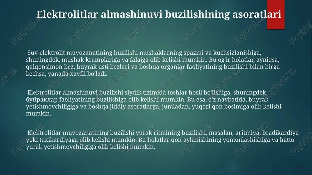 atga olib kelishi va intensiv terapiya talab qilishi mumkin. bunday holatlar, qon aylanishi va nafas olishning keskin buzilishiga olib kelishi, bu esa o'limga sabab bo'lishi mumkin. elektrolitlar muvozanatining jiddiy buzilishlari, masalan, giper- yoki gipokaliyemiya, yurak ritmining buzilishi, mushaklarning kuchsizlanishi kabi jiddiy asoratlarga olib kelishi mumkin, bu o'lim xavfini 10% gacha oshiradi. qattiq dehidratatsiya (suvsizlanish) holatida o'lim xavfi 20% gacha ko'tariladi, ayniqsa keksa yoki surunkali kasallikka chalingan bemorlarda. elektrolitlar yetishmovchiligi yurak va buyrak faoliyatini buzadi, bu esa o'lim xavfini oshiradi. elektrolitlar almashinuvi buzilishi sabablari ba'zi dorilar, masalan, diuretiklar (siydik haydovchi dori-darmonlar), kortikosteroidlar, antibiotiklar va boshqa preparatlar elektrolitlar almashinuvi buzilishiga olib kelishi mumkin. bu dorilarning 2-3 kun davomida katta dozalarini qo'llash elektrolit muvozanatini o'zgartirishi mumkin. nopok ichak sindromi, qusish, isitma, diareya kabi holatlar natijasida organizmda elektrolitlarning yo'qotilishi, shuningdek, buyrak, yurak-qon tomir va boshqa sistema kasalliklari tufayli ularning miqdoriy va sifat tarkibi o'zgarishi ham elektrolitlar almashinuvi buzilishiga olib kelishi mumkin. elektrolitlar almashinuvi buzilishiga …