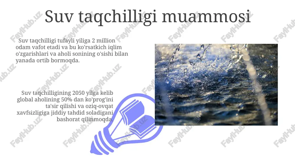 rqali, 200 dan ortiq davlatni qamrab oladi va suv ta’minoti va sanitariya sharoitlarini yaxshilashga qaratilgan. suvning ifloslanishi va uning oqibatlari sanoat chiqindilari, o'g'itlar va pestitsidlarning suv havzalariga tushib qolishi suvning kimyoviy ifloslanishiga olib keladi, bu esa suv o'simliklari va hayvonlarining 70% gacha yo'q bo'lib ketishiga olib kelishi mumkin. suvning ifloslanishi, jahon sog'liqni saqlash tashkiloti ma'lumotlariga ko'ra, har yili 2 million kishining o'limiga sabab bo'ladi, bu esa suvdan kelib chiqadigan kasalliklarning tarqalishini ko'rsatadi. suvning inson hayotidagi roli 01 02 inson kuniga o'rtacha 2-3 litr suv iste'mol qilishi kerak bo'lib, bu miqdor yosh, jismoniy faollik va iqlim sharoitlariga bog'liq holda o'zgaradi. sales 1st qtr 2nd qtr 100 0 sales 1st qtr 2nd qtr 100 0 kelajakdagi suv resurslari kelajakda global suv taqchilligi 2050-yilga kelib dunyo aholisining 40%ini qamrab olishi va oziq-ovqat xavfsizligiga jiddiy tahdid solishi taxmin qilinmoqda. suvning sifati yomonlashishi va ifloslanishi, suv resurslarining kamayishi natijasida 2030-yilga borib, 700 million kishi suv …