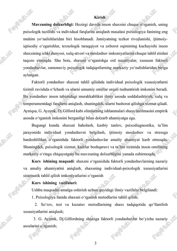 dubrovina, x.y. liymets, yu.l.sierd , e.g‘.g‘oziev, m.g.davletshin, g.b.shoumarov, sh.r. baratov, b.rdodirov, r.z.gaynutdinov, v.m.karimova, n.a.sog‘inovlarning ta’lim sohasini isloh bo‘yicha fikr va nazariyalari tadqiqotimizning metodologik negizidir. kurs ishining tuzilishi va xajmi: kirish, 2 bob, 4 bo‘lim, xulosa, foydalanilgan adabiyotlardan iborat. i bob psixodiagnostika fanining vujudga kelishi 1.1 psixologik diagnostika haqida tushuncha psixologiya insonning ruhiyatini organuvchi nazariy fan bo‘lib qolmay, balki hozirgi kunda turli xil sohalarda keng qo‘llanilishi mumkin bo‘lgan amaliy fan hamdir. insonni har tomonlama o‘rganish, y'ani odamlar o‘rtasidagi individual farqlarni aniqlash ta'lim-tarbiya va mehnat faoliyati camaradorligini belgilaydi. psixodiagnostika metodlarini ishlab chiqish bilan shug‘ullanuvchi psixologiyaning, yanada aniqroq aytadigan bo‘lsak, amaliy psixologiyaning asosiy va eng muhim yo‘nalishlaridan biri bo‘lgan psixodiagnostika fani va uning asoslarini bilish muhim ahamiyat kasb etadi. psixodiagnostika fani predmeti ta'rifiga turli yondosuvlarni uchratish mumkin. ularning ba'zilarini keltitib o‘tamiz. rus psixologlari a.a.bodalev va b.b.stolin psixodiagnostika fani predmetiga quidagi ta'rifni beradilar: psixodiagnostika - shaxs individual- psixologik xususiyatlarini o‘lchash va aniqlash metodlarini ishlab …