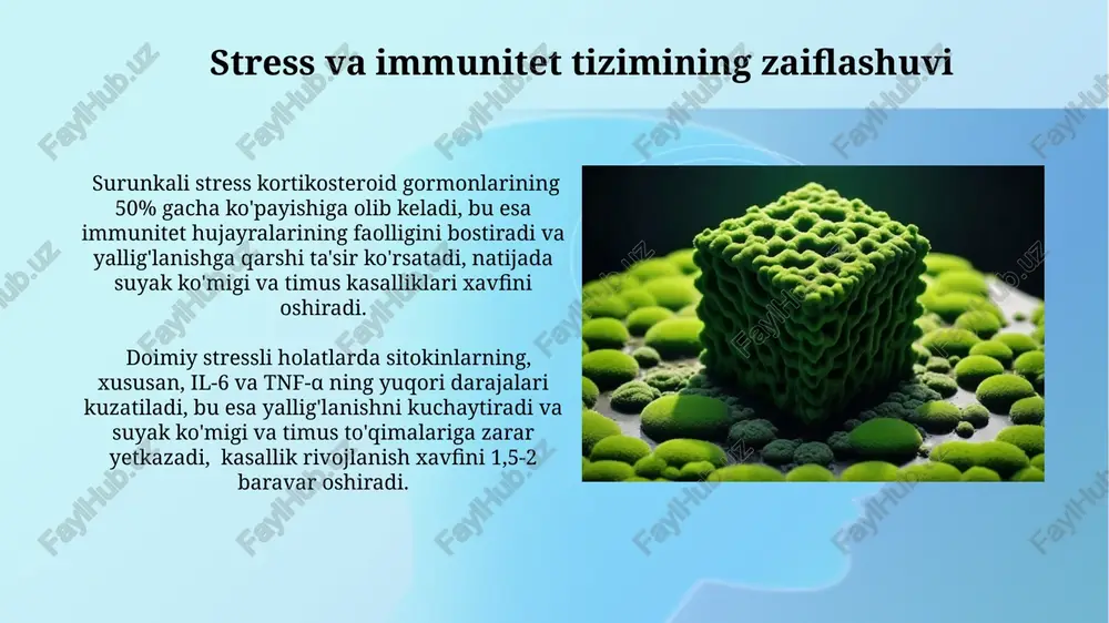 yoki boshqa yuqumli kasalliklar mavsumida, viruslarning nafas olish yo'llari orqali tarqalish xavfini 50% ga kamaytirib, suyak ko'migi va timus kasalliklari xavfini pasaytiradi. immunitet tizimini kuchaytirish uchun kuniga kamida 7-8 soat uxlash va to'g'ri ovqatlanish, ya'ni meva-sabzavotlar va vitaminlarga boy ovqatlar iste'mol qilish, suyak ko'migi va timusning normal rivojlanishiga hissa qo'shadi va infektsiyalardan himoya qiladi. radiatsiya ta'siri radiatsiya ta'siri genetik mutatsiyalar sonini oshirib, suyak ko'mig'i va timus saratonining rivojlanish xavfini 2-3 barobar orttirishi mumkin. yuqori dozali radiatsiya ta'siri natijasida suyak ko'mig'i va timusdagi hujayralarning apopotoz yoki dasturlashtirilgan hujayra o'limi jarayoni 70% ga tezlashadi. epidemiologik tadqiqotlar va statistik ma'lumotlar epidemiologik tadqiqotlar shuni ko'rsatdiki, radiatsiya ta'siriga uchragan hududlarda suyak iligi kasalliklari, xususan leykemiya, 2-3 baravar ko'proq uchraydi. statistik ma'lumotlarga ko'ra, sanoat mintaqalarida yashovchi aholi orasida timus bezining atrofiya holatlari shahar aholisiga nisbatan 1,5-2 marta yuqori. genetik moyillik va tashqi muhitning o'zaro ta'siri tashqi muhitdagi toksinlar (masalan, benzen) suyak iligi funksiyasini susaytiradi va genetik …