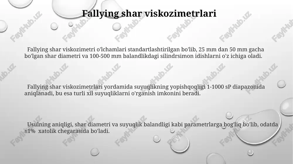 ki asosiy turi mavjud: dinamik (mutlaq) va kinematik yopishqoqlik. dinamik yopishqoqlik nyuton (pa·s) birligida, kinematik yopishqoqlik esa stoks (st) yoki mm²/s da o'lchanadi. suyuqlikning yopishqoqligi haroratga bog'liq; harorat oshganda, ko'pgina suyuqliklarning yopishqoqligi kamayadi, masalan, 10°c dan 20°c gacha o'zgarganda 10% ga kamayishi mumkin. yuqori yopishqoqlikka ega suyuqliklar, masalan, asal, sekin oqadi va ularning ichki ishqalanishi yuqori bo'ladi, 0,1 pa·s dan yuqori dinamik yopishqoqlikka ega. e'tiboringiz uchun rahmat @taqdimot_robot image1.png image2.png image3.png