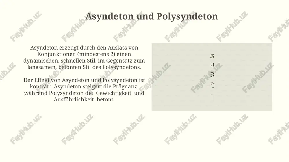 ter) erzeugen einen schnellen rhythmus und wirken dynamisch, während lange sätze (über 30 wörter) langsamer wirken und eine bedächtige atmosphäre schaffen. stilistische figuren und ihre syntaktische basis anapher und epipher nutzen syntaktische parallelismen, wiederholen satzanfänge (anapher) oder -enden (epipher) für verstärkte wirkung und betonen so bis zu 3 schlüsselwörter. der hypotaxe, mit ihrem komplexen satzbau und untergeordneten nebensätzen, steht die parataxe, mit kurzen, selbstständigen hauptsätzen, gegenüber; dies beeinflusst die lesbarkeit und den rhythmus, z.b. 10 hypotaxen vs. 20 parataxen. vielen dank für ihre aufmerksamkeit @taqdimot_robot image2.jpg image3.jpg image4.jpg image5.jpg image6.jpg image7.jpg image8.jpg image9.jpg image10.jpg image11.jpg image12.jpg