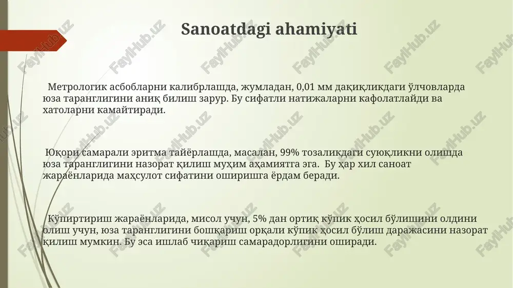 (ρ) bilan bog'liq bo'lib, jurin tenglamasi (h = 2γcosθ/ρgr) orqali hisoblanadi, bu yerda θ - yuza burchagi. kapillyar hodisasi suyuqlikning tor, ingichka naychaga (masalan, diametri 1 mm dan kam) ko'tarilish yoki tushirishini, sirt tarangligi kuchlari ta'sirida sodir bo'ladigan jarayonni ifodalaydi. suyuqlikning sirt tarangligi qiymati uning molekulalararo kuchlari, harorati va tarkibiga bog'liq bo'lib, masalan, suvning 20°c da sirt tarangligi taxminan 72 mn/m ga teng. qo'shimchalarning ta'siri yuqori konsentratsiyali tuz eritmalari suvning yuzaki tarangligini biroz oshirishi mumkin, bu ionlararo o'zaro ta'sirlarning kuchayishi bilan bog'liq. amfipatik qo'shimchalar, masalan, yuz faol moddalar, suvning yuzaki tarangligini 72 mn/m dan ancha pastroq qiymatlargacha pasaytiradi, bu esa ko'pik hosil bo'lishini kuchaytiradi. qo'shimchalarning konsentratsiyasi yuzaki taranglikka sezilarli ta'sir ko'rsatadi; masalan, 1% li sirka kislotasi eritmasining yuzaki tarangligi toza suvga nisbatan 10-15% ga kamayadi. sirt tarangligini o'lchash asboblari vil'gelmi plastinkasi usuli yordamida suyuqlikka vertikal joylashtirilgan plastinkaning ko'tarilish balandligi o'lchanadi va shu asosda sirt tarangligi hisoblanadi, bu usul 1-5% aniqlik …