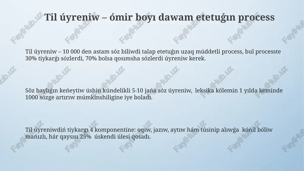 00 den aslam sóz biliwdi, semantikalıq ańlatp beriw qábiyetin arttırıw, teksttiń túsinikliligi hám anıqlıǵın kútpeydi. sóz boyliǵınıń kemshiliginiń kórinisi retip kommunikativ qásiyetlerdiń tómenlewiniń, oy-pikirdi anıq jetkeriwde qiyınshılıqlarǵa duş kelwiniń kórsetiwshisi bolıp tabıladı. sheber sózlew – óz pikiriniń kútlesi til biliwdiń 3 derejesi bar: baslawshı, orta, joqarı. «sheber sózlew» degen túsinik joqarı derejedegi sózlewge tiyisli, ol pikirdiń aniq, nazik jáne kóp qıyrını qamtiy tuwrılıǵın kórsetedi. qaraqalpaq tili boyınsha, «sheber sózlew» túsinigi 1000 den artyq sinonim, antonim, frazeologizm jáne idiomalar men bayıtıladı, bul pikirdiń kútlesiwine úlken tásir etedi. «sheber sózlew – óz pikiriniń kútlesi» degen málesumet 500 den aslam sózlew boyınsha kitaplarda, maqalelerde ushraydı, bul pikirdiń kenesligi boyınsha ǵalym-lingvistlerdiń 20 den artyq izleniwleri bar. sózler arqalı dúnyanı tanıw sózler arqalı 5000 den aslam sóz bilip, tildiń baylıǵın, madaniyatsına teren'irek kirisiw múmkinshiligine iye bolamız. hár bir sózdiń ma'nisin anıq bilgenimizde, maǵıralı matnlar, eserlerdi túsinip, talqılawımız usı bilimimizge tayanadi. bul protseste, sezimge, oylawǵa 20% …