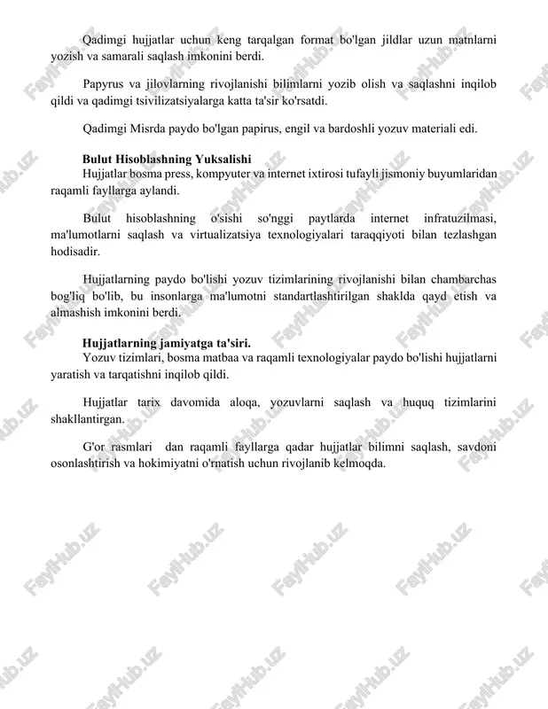 ujjatlarning paydo bo'lishi yozuv tizimlarining rivojlanishi bilan chambarchas bog'liq bo'lib, bu insonlarga ma'lumotni standartlashtirilgan shaklda qayd etish va almashish imkonini berdi. hujjatlarning jamiyatga ta'siri. yozuv tizimlari, bosma matbaa va raqamli texnologiyalar paydo bo'lishi hujjatlarni yaratish va tarqatishni inqilob qildi. hujjatlar tarix davomida aloqa, yozuvlarni saqlash va huquq tizimlarini shakllantirgan. g'or rasmlari dan raqamli fayllarga qadar hujjatlar bilimni saqlash, savdoni osonlashtirish va hokimiyatni o'rnatish uchun rivojlanib kelmoqda. xulosa hujjatlar sodda muloqot shakllaridan murakkab axborot tashuvchilarga aylandi. ularning paydo bo'lishi va evolyutsiyasi jamiyatning o'zgarib turuvchi ehtiyojlarini aks ettiradi, ya'ni bitimlarni qayd etishdan tortib to bilimlarni saqlash va global aloqalarni shakllantirishgacha foydalanilgan adabiyotlar here are the translations of the book descriptions into uzbek using latin letters: 1. **"hujjat tarixi" by william j. devlin (2008):** bu kitob qadimgi davrlardan raqamli davrgacha hujjatlarning evolyutsiyasini to'liq qamrab oladi. 2